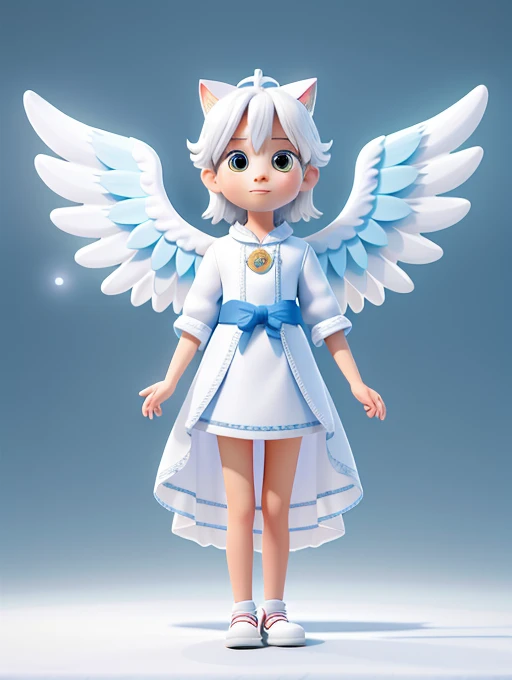 ((Toraneko))，white color hair ，Cat's ears，(Circle of Angels)、Q version，（**ddlers，****）， adolable， standing on your feet， Master masterpieces， hight resolution，8K，detailedbackground，hightquality，Libido boy，（（（独奏））），(Angel wings，angelic halo，(white robes)，bare-legged：0.6)，looking at viewert，angle of view，From  above，Dreams，Magical，baiyun，（Warm light source：1.2），Upper air，on clouds，delighted expression，(((Big Angel Wings)))