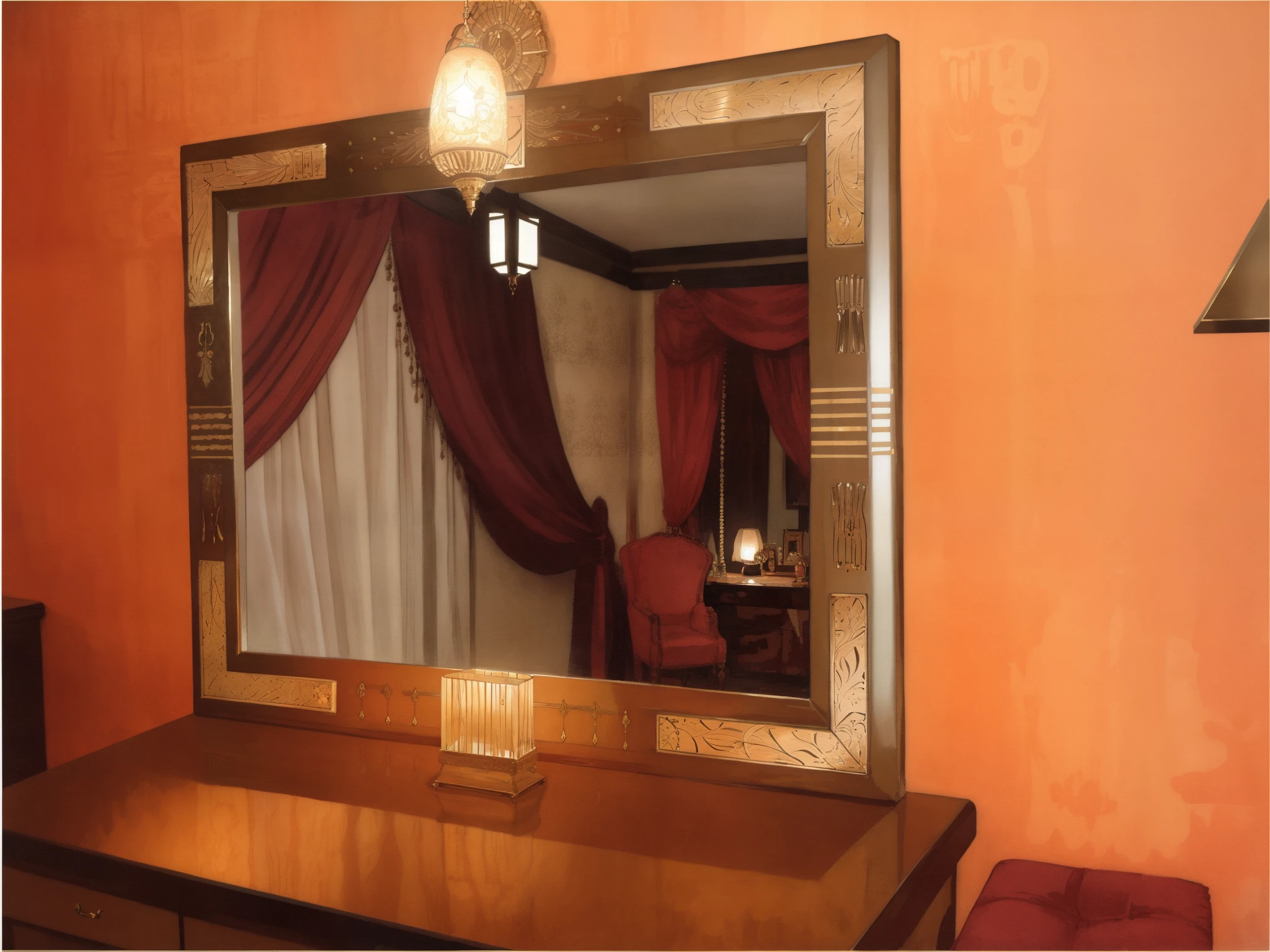there is a mirror on a dresser with a lamp on it, mirror and glass surfaces, big mirrors, egyptian style, arab inspired, decoration around the room, with a mirror, deco, art decor, theater dressing room, art deco!!, art deco!, fancy drapery on furniture, furniture and decor, dramatic theming, furniture design art deco, decorative frame