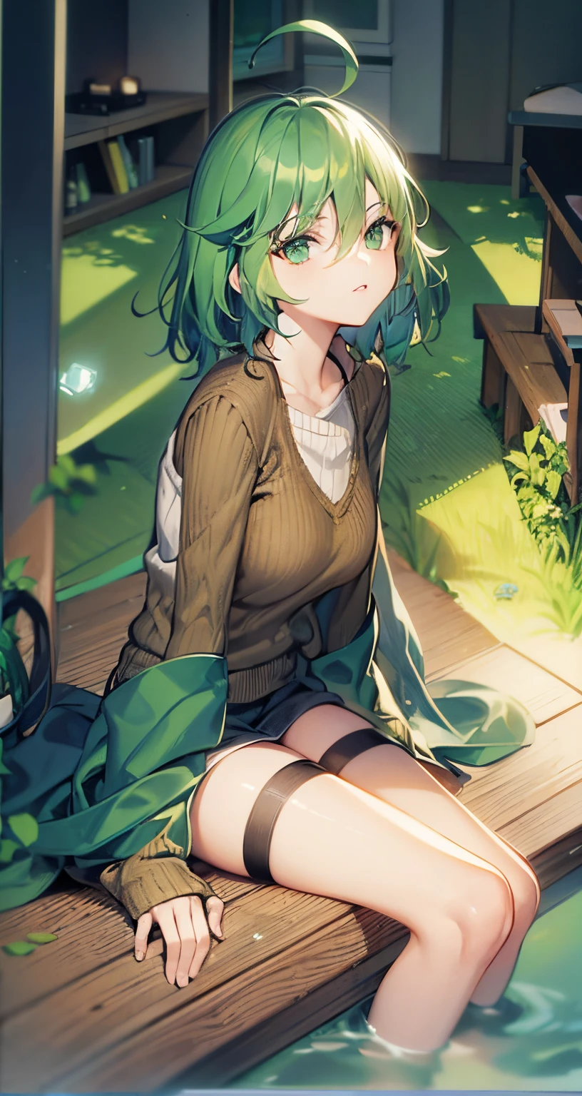 Green hair,Green-eyed,long socks,Sweaters,Short hair details