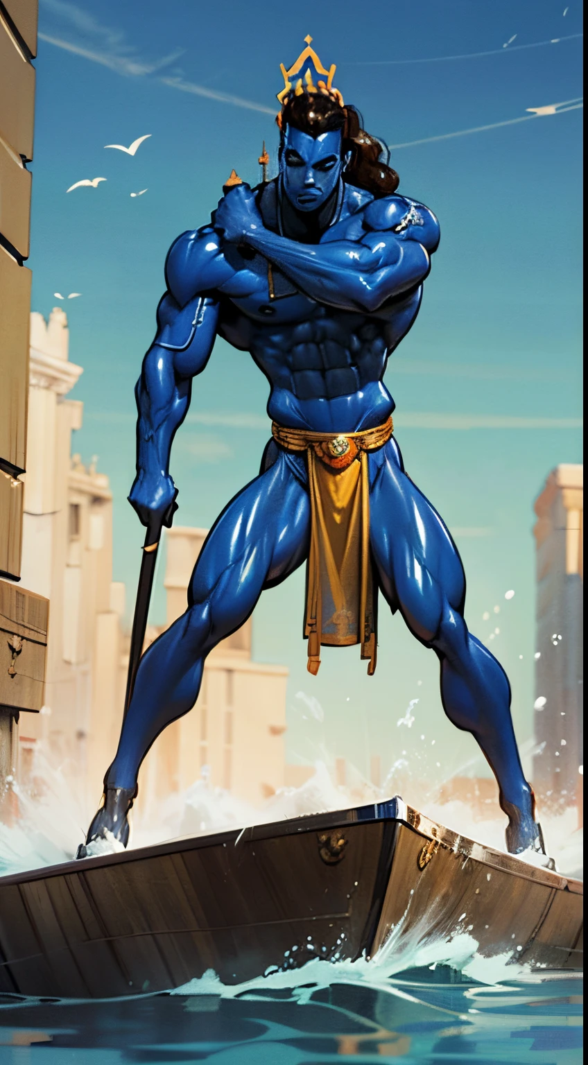 (Action pose:1.5), a painting of a muscular man with a spear and a large body of water, The God Poseidon, The God of the Sea, brown loincloth, golden crown, The God Hades, Poseidon, Charon, colored blue skin, colored skin, ((blue skin:1.3)), The Boatman of Hades, God of the Ocean, God of the Underworld, Hades, God Shiva the Destroyer, Furious God Zeus, Like an Atlantean, veiny biceps, chiseled abs, muscular legs, rugged face, long hair in ponytail, masterpiece, 8k