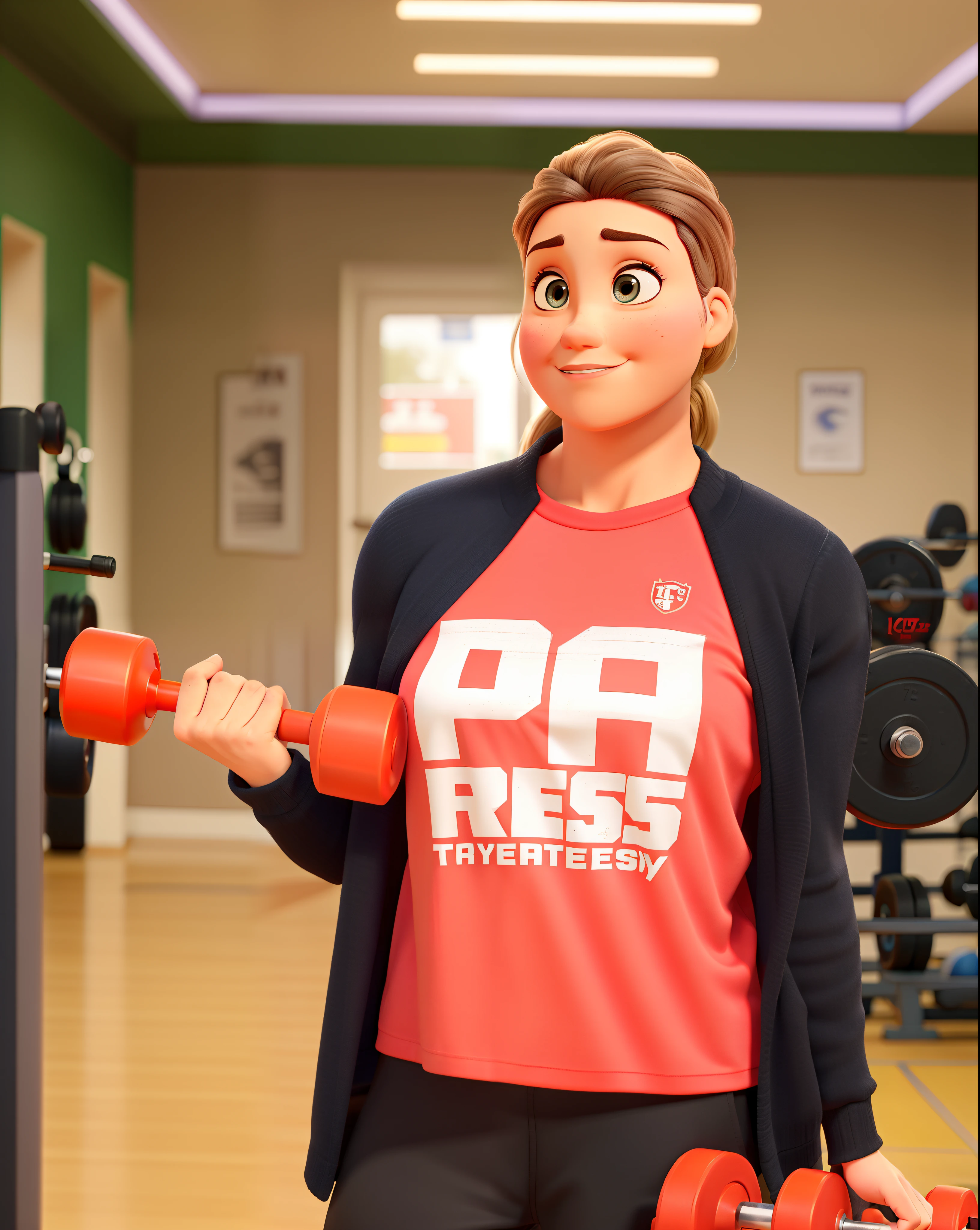 Poster estilo disney pixar. Retrato de uma mulher branca, cabelos loiros escuros longos, cabelos louros longos e escuros, olhos castanhos, usando uma camiseta rosa com detalhes em branco, usando um casaco preto, in a bodybuilding gym, in the blurred background a weight training gym, holding red weights for physical exercise.