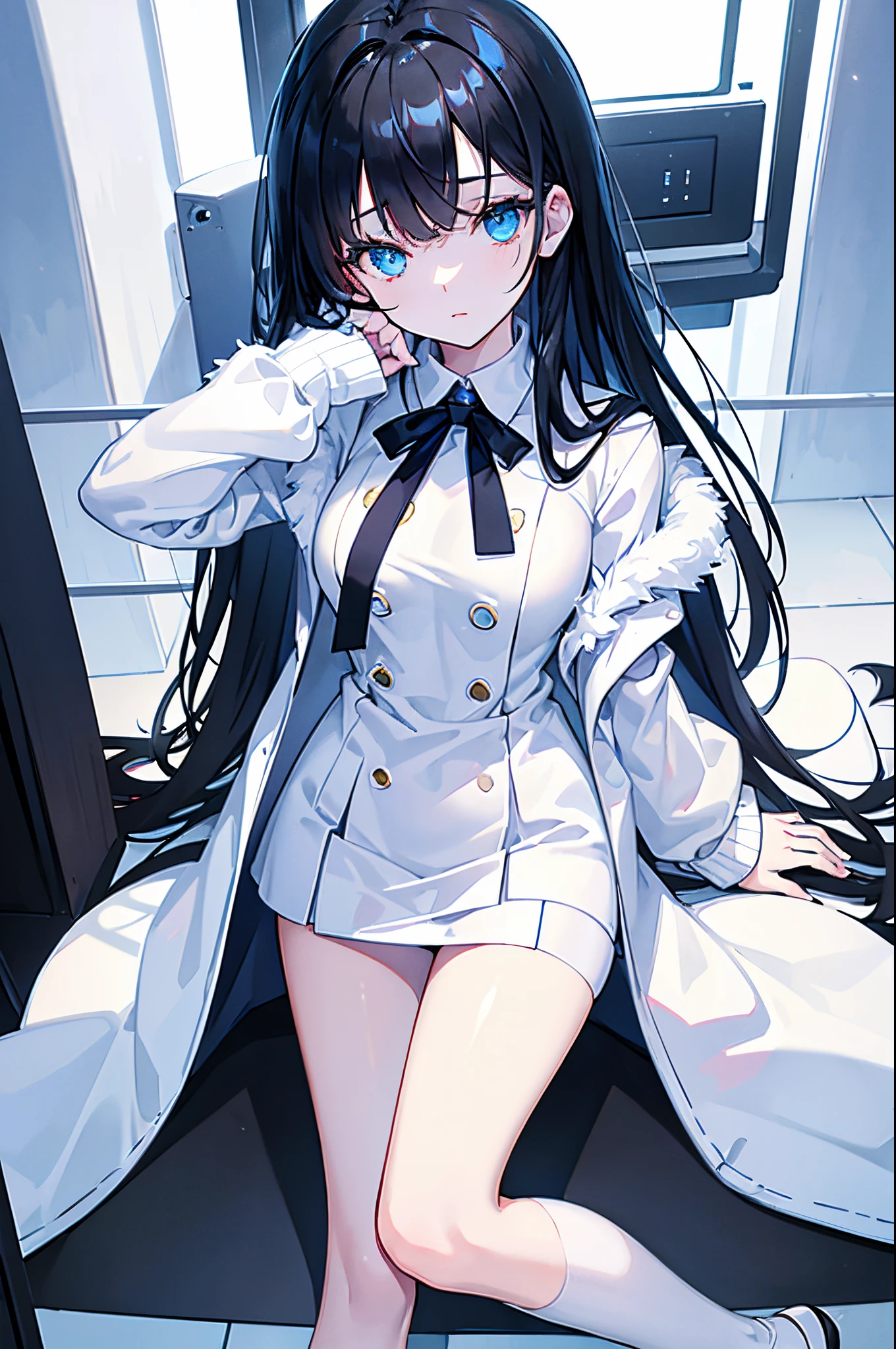 A dark-haired blue eyess White mini skirt White sweater Black tights white fur coat in a house pension masterpiece Top image quality Clear cinematic shadow Increased attractiveness of the eyes Clear the shine of the eyes Draw eyelashes neatly Perfect Eye A detailed eye Sharpen image quality Sharpen eye writing Clear eye shape