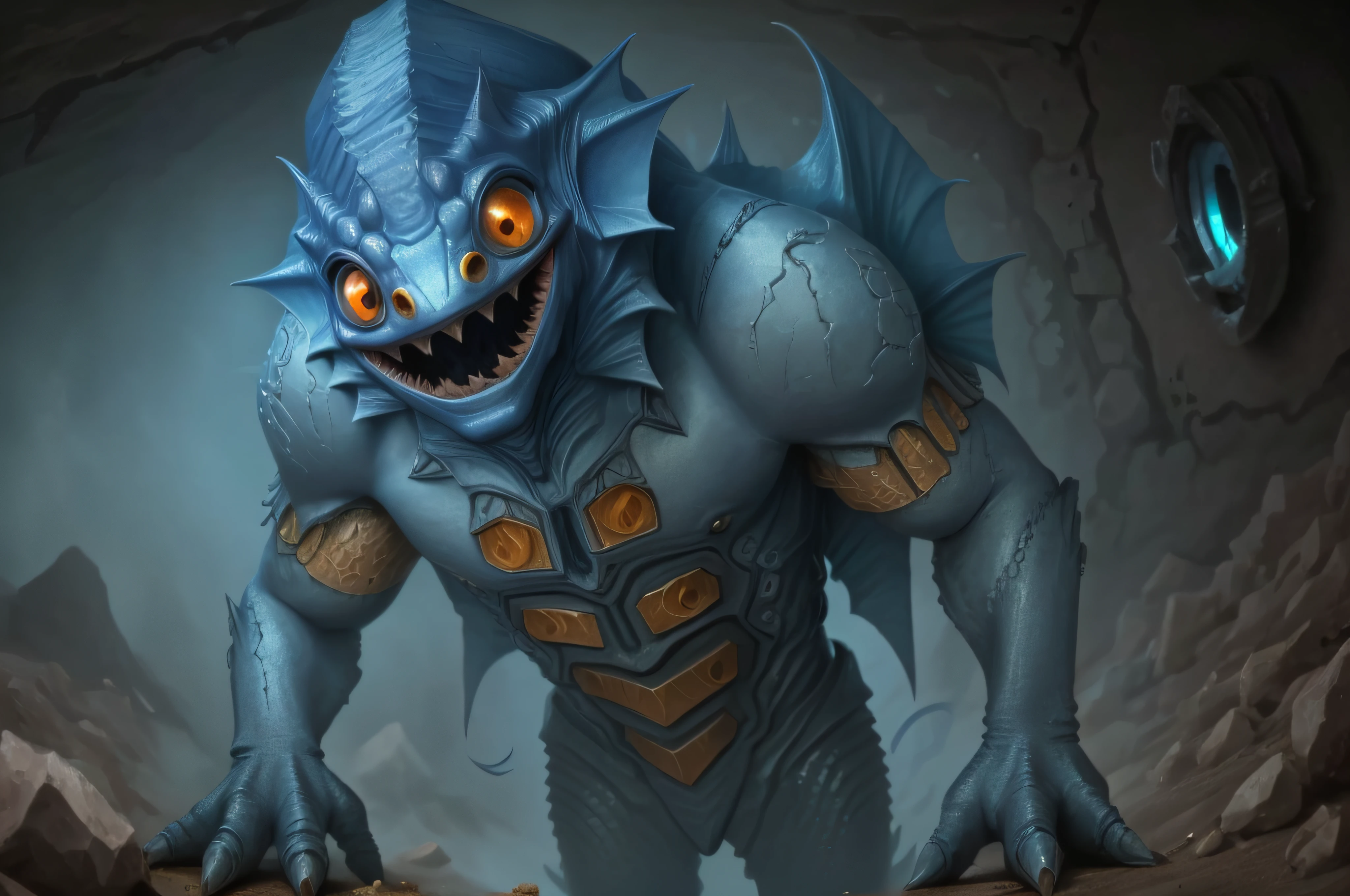 a humanoid fish monster with huge eyes and pointy teeth. Sahuagin D&D5e