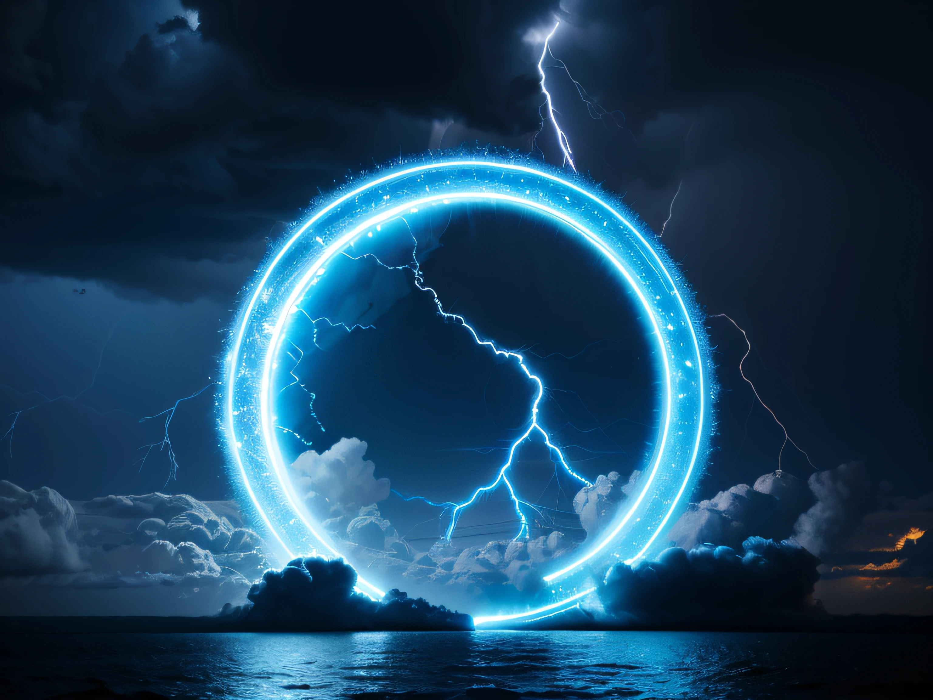 a portal made of clouds and in it electric discharges and lightning sparkle, 8k