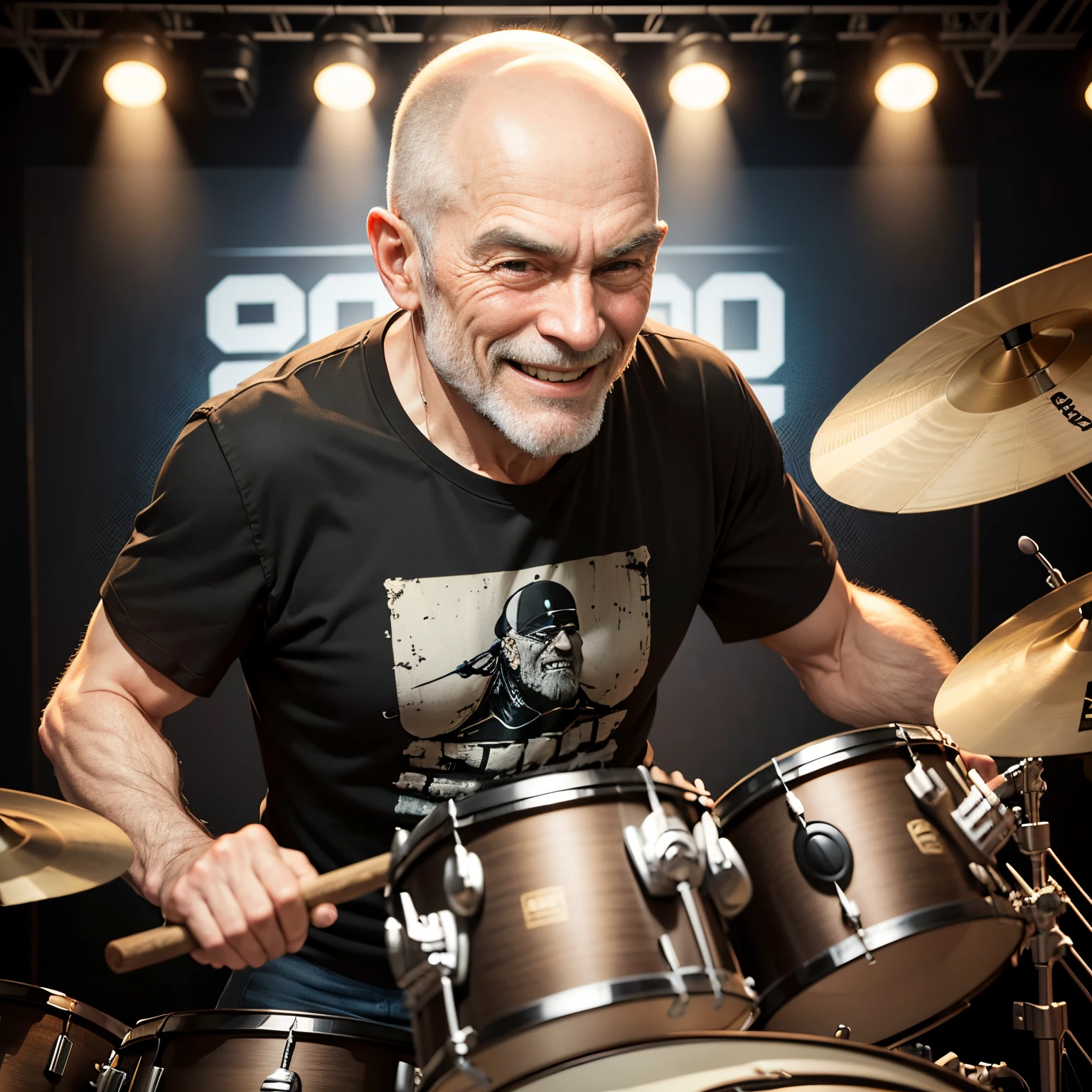 old man, bald, smiling, beardless, rocker, black t-shirt, behind drum instrument with TAMA brand