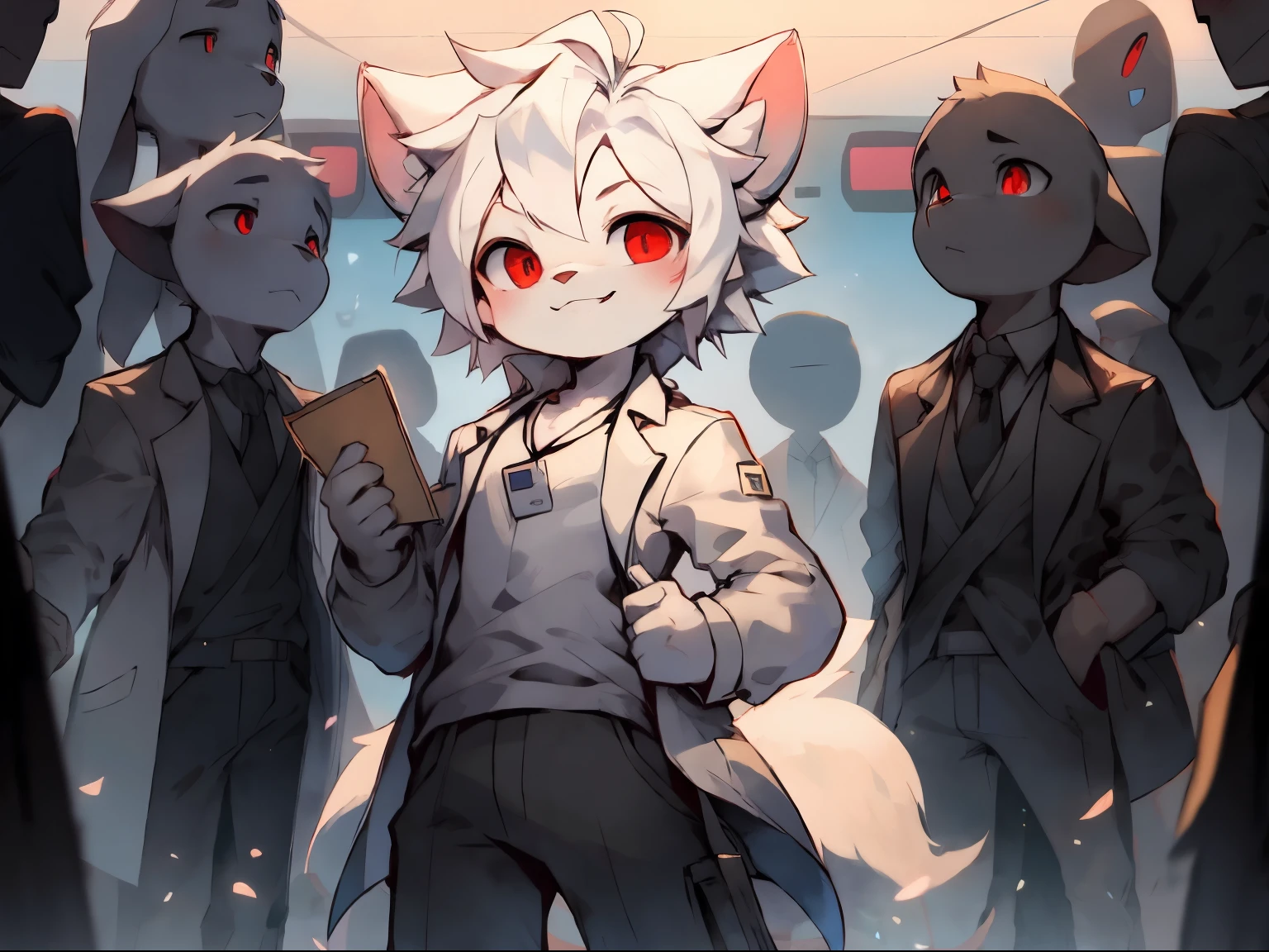 （16 years old boy）Beautiful and detailed portrait，white color hair, 16k，are standing，sideways standing，There is a hand in the coat pocket，Turn your head slightly towards the audience，Notepad in hand，There is a rectangular work ID card on the chest，Red pupils，white wolf big ears，White Wolf Tail（White crewneck shirt，black long pants，White long sleeve lab coat），laboratory background，Soft lighting，ssmile