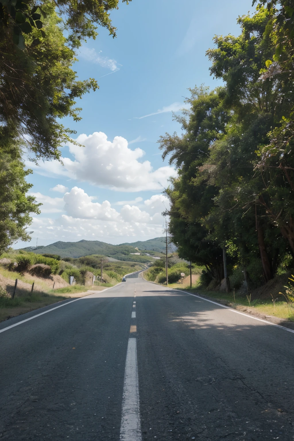 Create an image that depicts a summer scene, with a long asphalt road stretching to the horizon. Nos lados da estrada, acrescente campos verdes exuberantes, criando uma atmosfera serena. At the beginning of the road, place a signpost with the message "Siga em frente" e um indicador apontando para cima. Garanta que a placa se destaque, is readable and integrated into the environment. The sky above must be a vibrant summer blue, com algumas nuvens dispersas, adding a touch of lightness to the composition. Be sure to capture the sense of tranquility and adventure that the road offers.