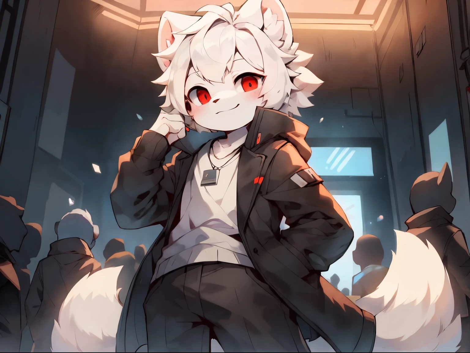 （16 years old boy）Beautiful and detailed portrait，white color hair, 16k，are standing，sideways standing，There is a hand in the coat pocket，Turn your head slightly towards the audience，Notepad in hand，There is a rectangular work ID card on the chest，Red pupils，white wolf big ears，White Wolf Tail（White crewneck shirt，black long pants，White long sleeve lab coat），laboratory background，Soft lighting，ssmile