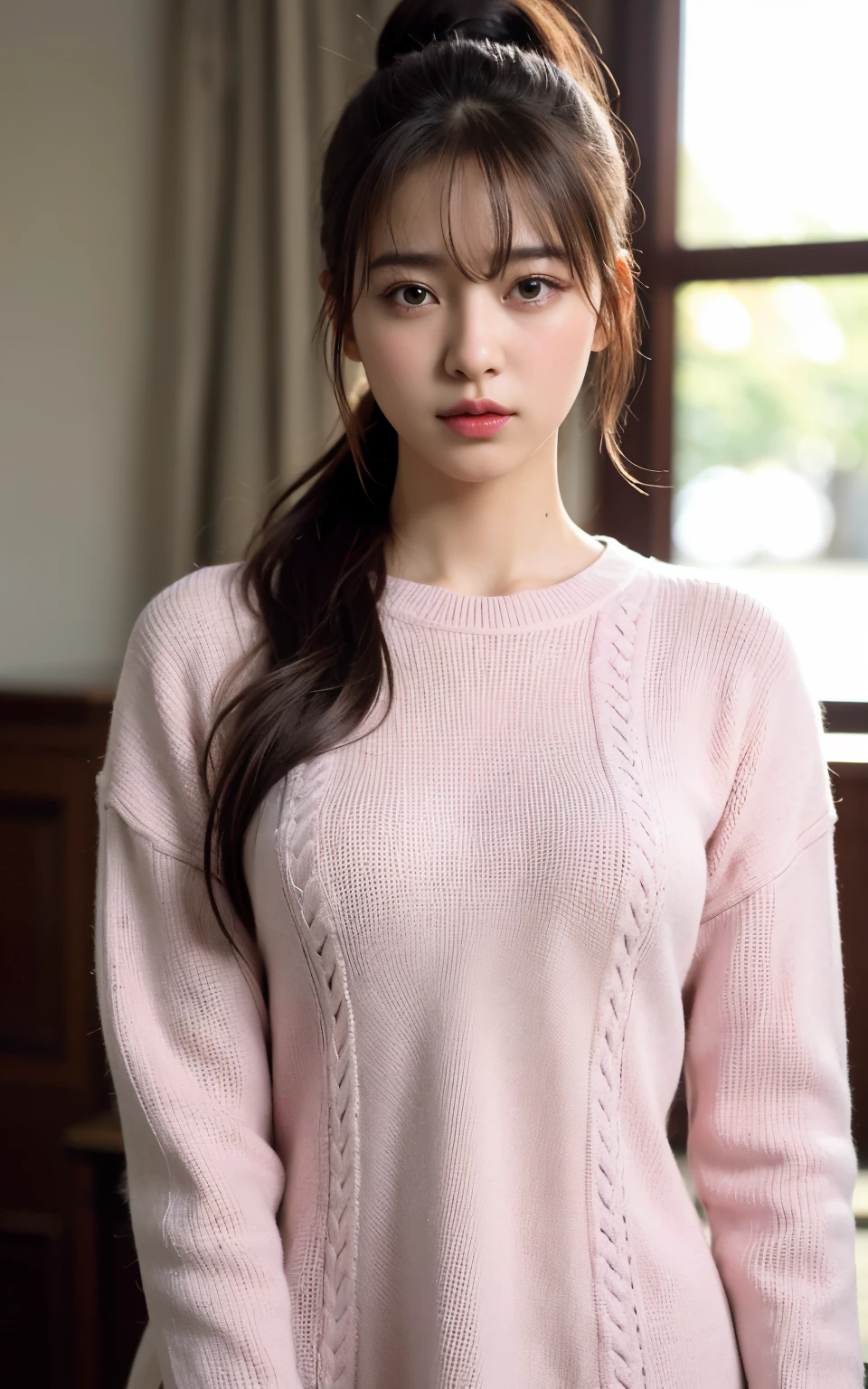 extremely detailed CG unity 8k wallpaper, best quality, ultra-detailed, masterpiece, realistic, photo realistic, extremely detailed cute girl, 25years old, blush, parted lips, round eyes, sweater dress, looking at viewer , half body shot , ponytail