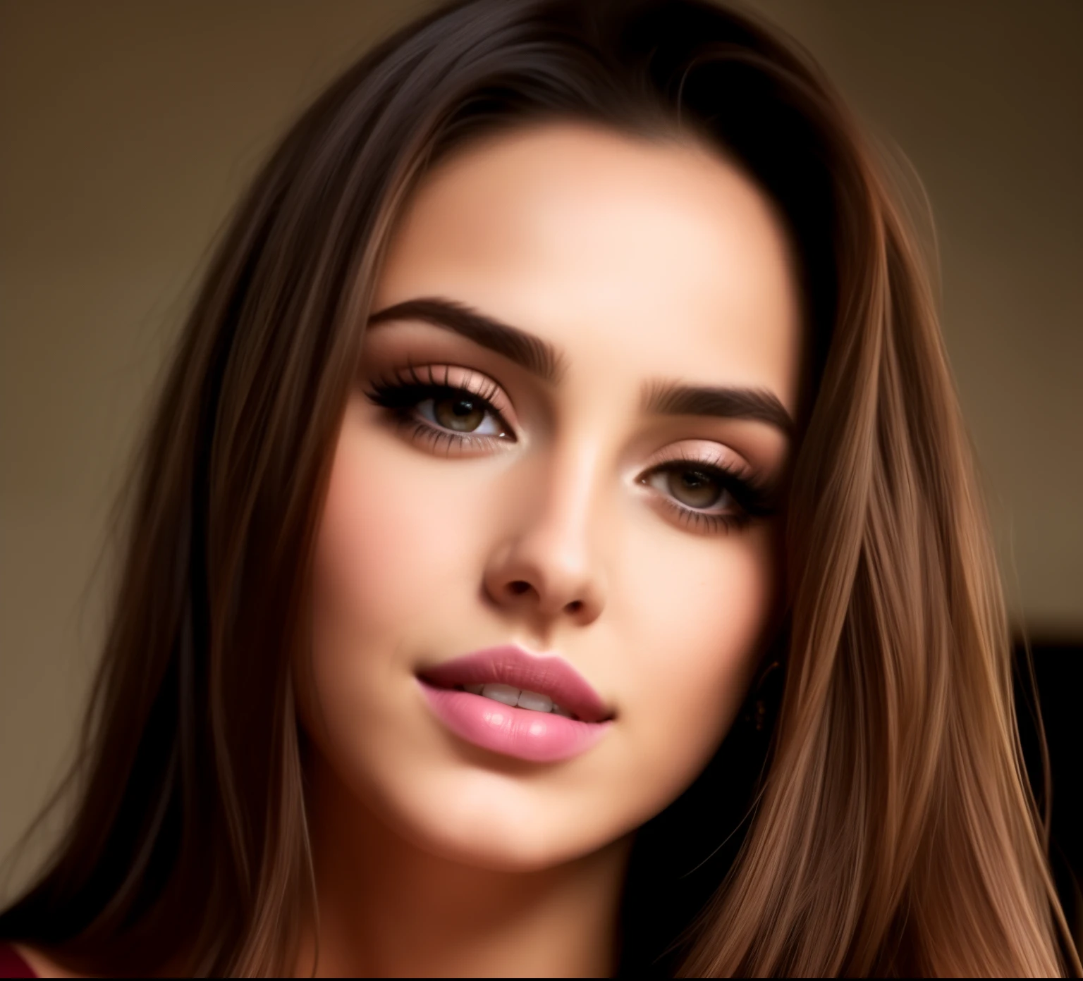 arafed woman with long brown hair and a pink lipstick, photorealistic beautiful face, photo realistic, realistic beautiful face, gorgeous face portrait, ana de armas portrait, light smiles