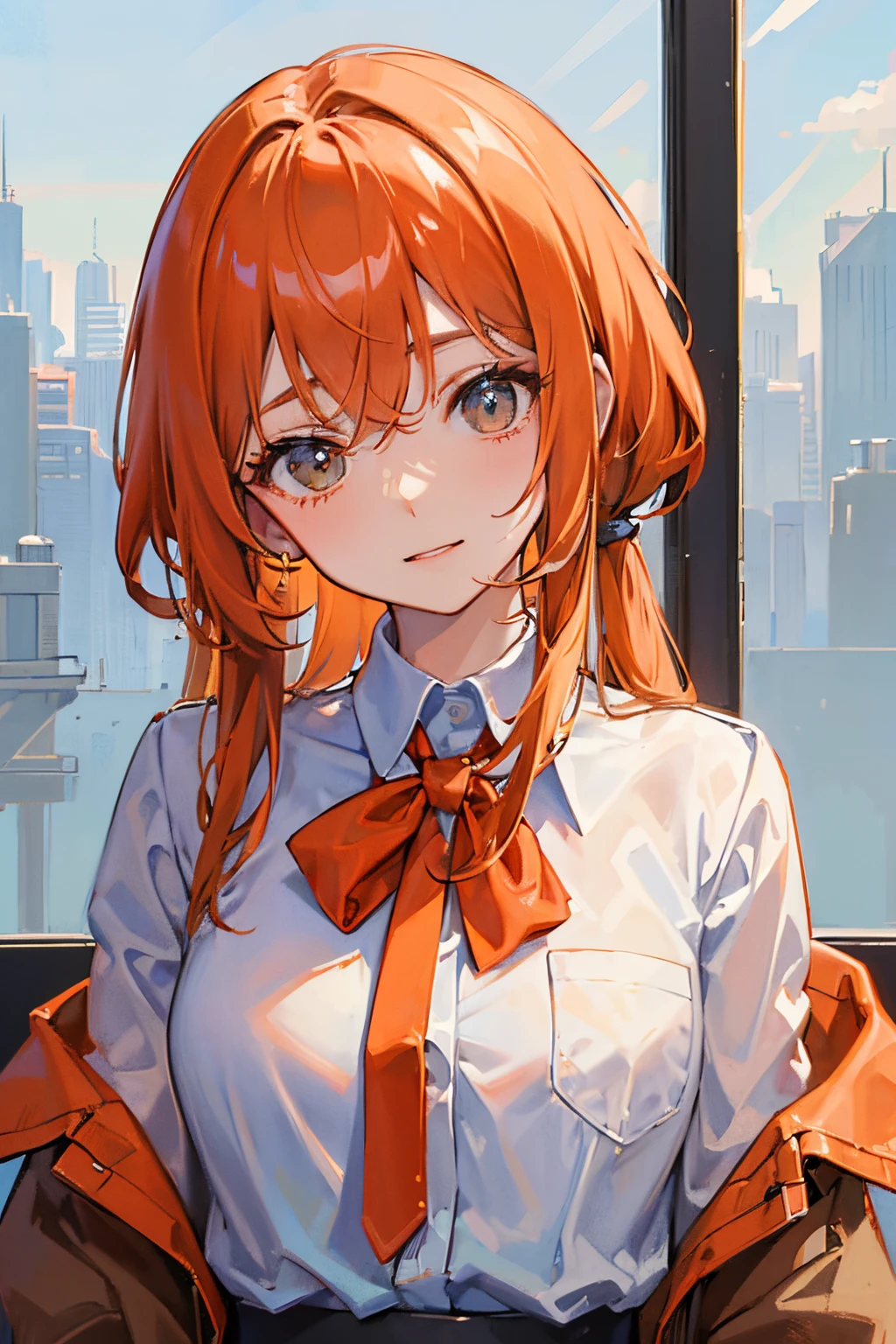 (Masterpiece:1.4), (Best Quality:1.2), Yu Sanga, 1girl, white shirt, brown jacket, orange hair, upper-body