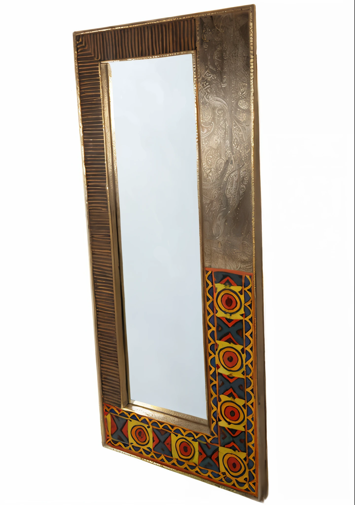 a close up of a mirror with a decorative design on it, lamp ( ( ( mirror ) ) ) ), mirrors, gold madhubani, inside mirror, mirror texture, abstract mirrors, mirror and glass surfaces, tall thin frame, mirror background, stunning design, with a mirror, mirror, doctors mirror, big mirrors, vintage - w 1 0 2 4