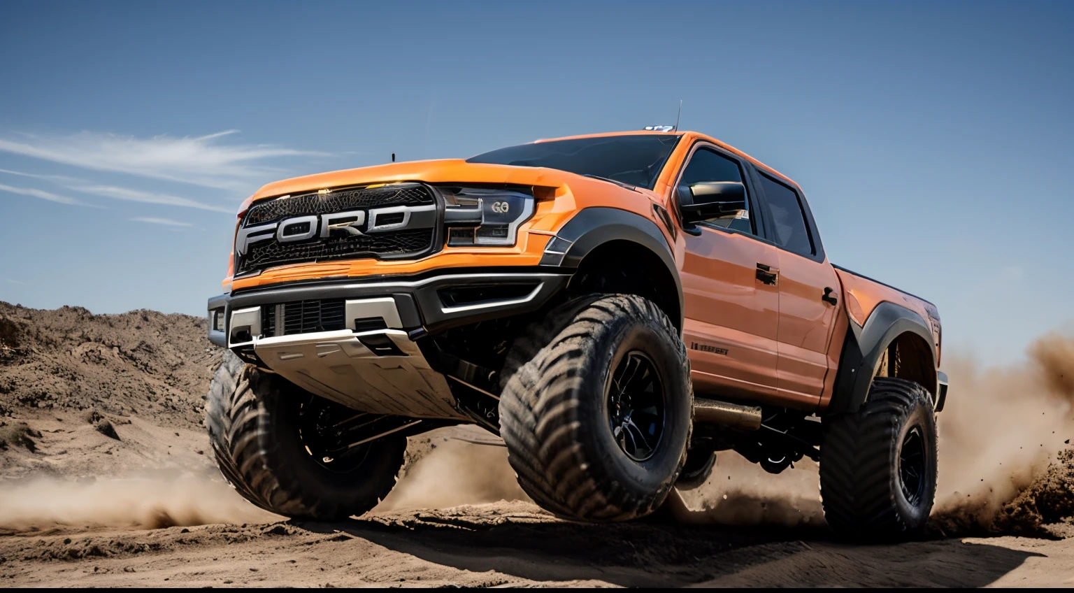 a huge monstertruck ford raptor making an stunning acrobatic jump   through a ring of fire