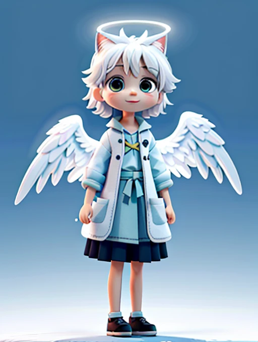 ((Toraneko))，white color hair ，Cat's ears，(Circle of Angels)、Q version，（toddlers，Baby）， adolable， standing on your feet， Master masterpieces， hight resolution，8K，detailedbackground，hightquality，Libido boy，（（（独奏））），(Angel wings，angelic halo，(white robes)，bare-legged：0.6)，looking at viewert，angle of view，From  above，Dreams，Magical，baiyun，（Warm light source：1.2），Upper air，on clouds，delighted expression，(((Big Angel Wings)))