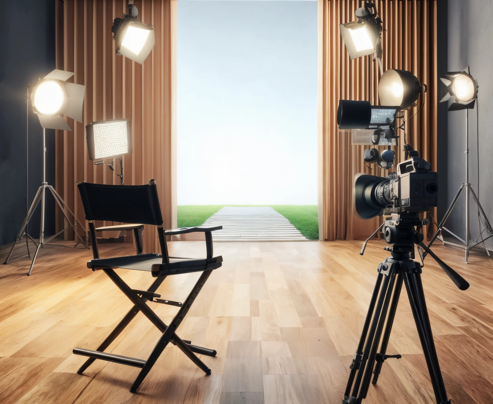 sala arafada com cadeira, a camera and a tripod, Film Studio, Film production, tv production, Foto comercial, film lighting, major film production, studio background, Movie Setup, production ig studios, Film shooting, wide angle cinematic shot, 4k studio photo, cinematic studio shot, cinematic lighthing, commercial photo shoot, movie set, 8k studio photography