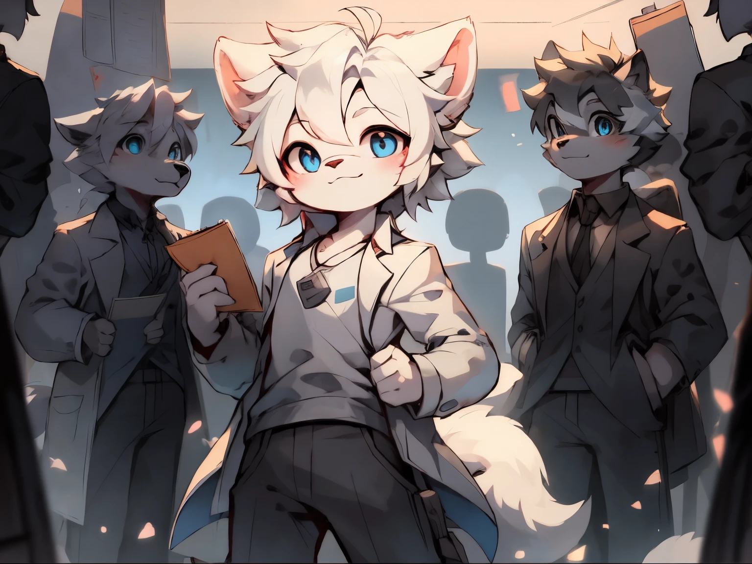 (16 years old boy)beautiful and detailed portrait of a,white color hair, 16k,are standing,sideways standing,There is a hand in the coat pocket,Turn your head slightly towards the audience,Notepad in hand,There is a rectangular work ID card on the chest,Blue pupils,white wolf big ears,White Wolf Tail(White crewneck shirt,black long pants,White long sleeve lab coat),laboratory background,gentlesoftlighting,ssmile