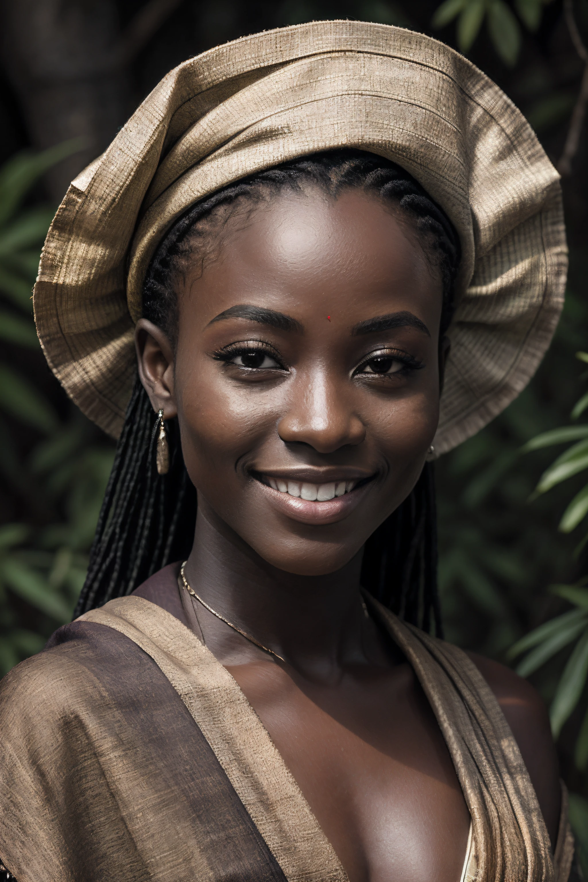 (masterpiece, photorealistic, raw,:1.4), (extremely complex:1.2), half body shot, cinematic light, side lighting, ultra high resolution, best shadow, RAW, 20-year-old attractive uganda lady, bright smile, head tilted upwards, meditating, old-black archetype (umbanda), wearing uganda traditional dress with beige shawl and floral scarf on her head, Forest background in moonlight