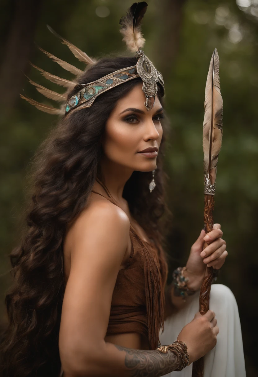 A hand-carved sacred staff adorned with feathers, crystals, and intricate symbols,original,piercing, insightful eyes that reflect a lifetime of understanding the mind’s mysteries, and lengthy, silver hair that flows like a river down his back, complementing his earth-toned robes adorned with symbols of the natural world. His skin bears intricate tattoos, each a testament to a particular plant or psychedelic compound he has mastered.