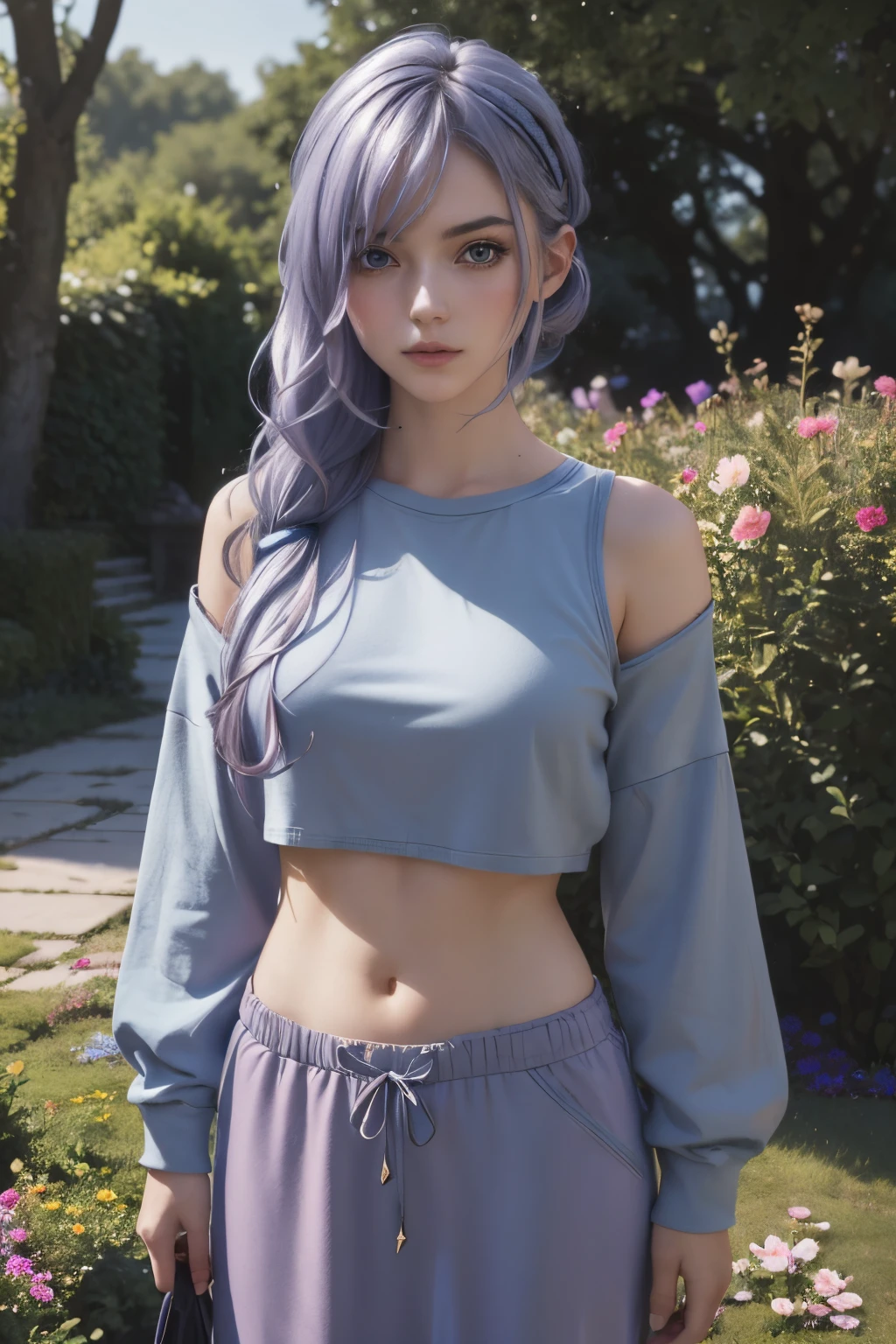 The tooltip for a given topic is as follows: "Girl with a European face, Aryan face, 20years old, Silvery-purple hair, pale purple-blue hair, Bright blue eyes, Her hair is tied up in a bun and falls to her right shoulder. (Dressed in comfortable casual clothes....: 1.3), (((clothes in bright colors))), close-fitting clothes, (Best Quality, 4k, 8K, hight resolution, Masterpiece:1.2) Ultra-detailed features, including realistic, Photorealistic eyes and face. The figure shows the media (Insert Material) that resembles an illustration, oil painting, or 3D rendering. Girl in the garden with bright flowers and sharp focus, soft studio lighting. The overall atmosphere is calm and serene, with a touch of unearthly beauty. The color scheme is dominated by shades of black, Creating a dreamy and surreal aesthetic."