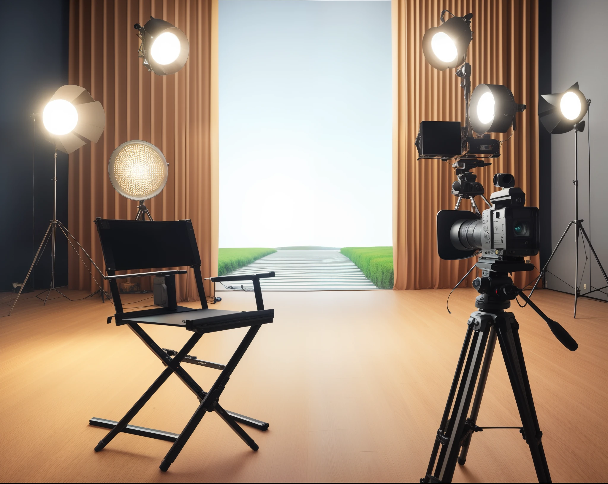 sala arafada com cadeira, a camera and a tripod, Film Studio, Film production, tv production, Foto comercial, film lighting, major film production, studio background, Movie Setup, production ig studios, Film shooting, wide angle cinematic shot, cinematic studio shot, 4k studio photo, cinematic lighthing, movie set, commercial photo shoot, 8k studio photography