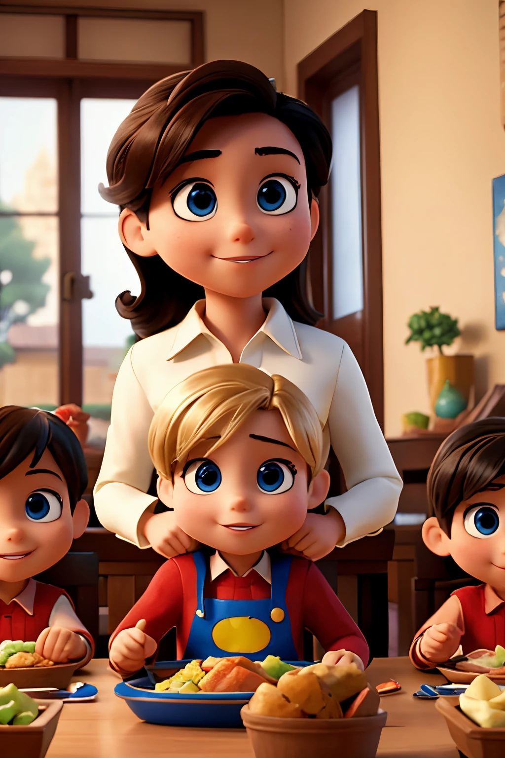 masterpiece, best quality, 5 superhero kids eating together at the dining table