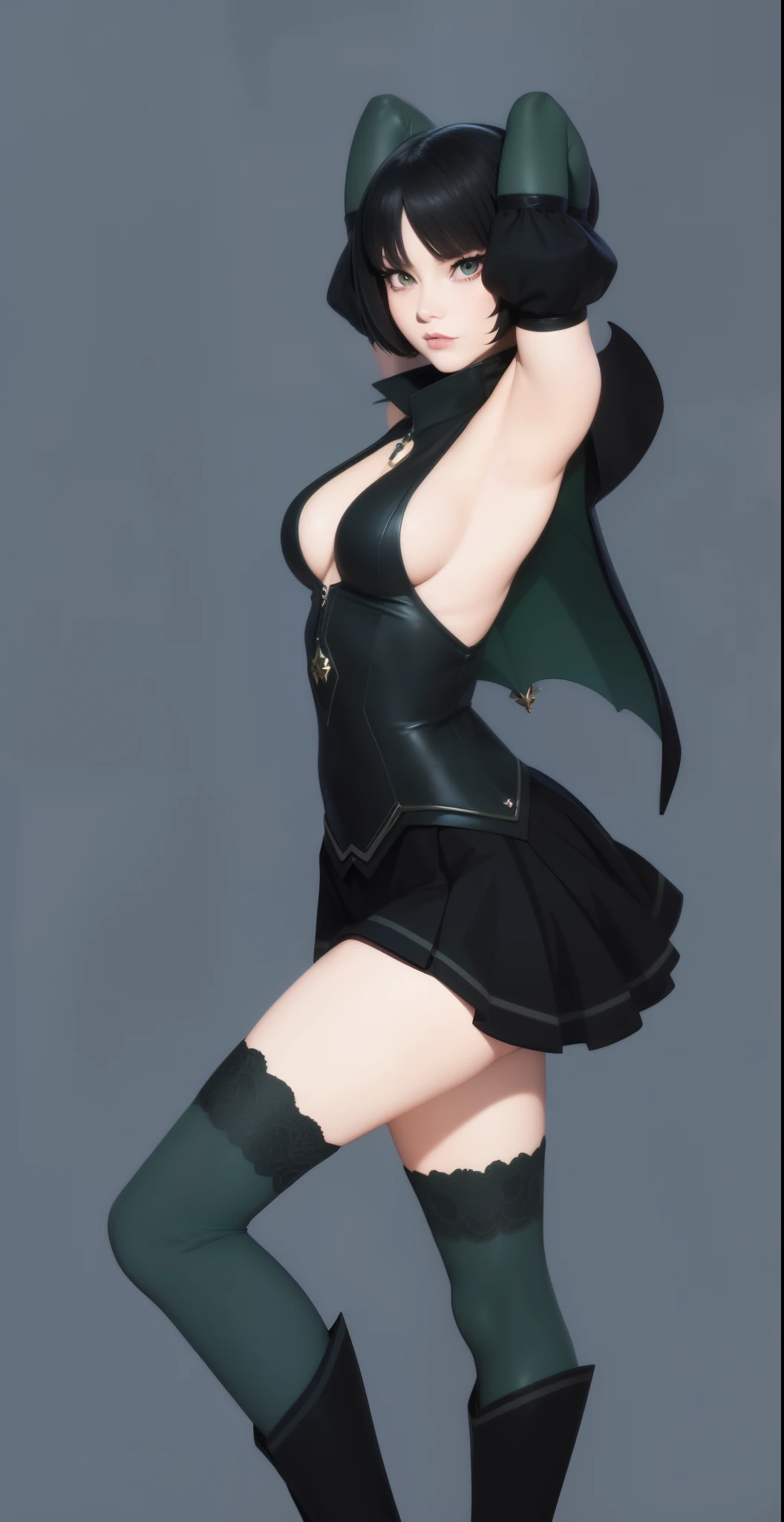 a cartoon picture of a woman in a short skirt and boots, succubus in tight short dress, anime girl wearing a black dress, tatsumaki, made with anime painter studio, commission for high res, v from devil may cry as an elf, morrigan, tatsumaki from one punch man, krenz cushart and artgerm