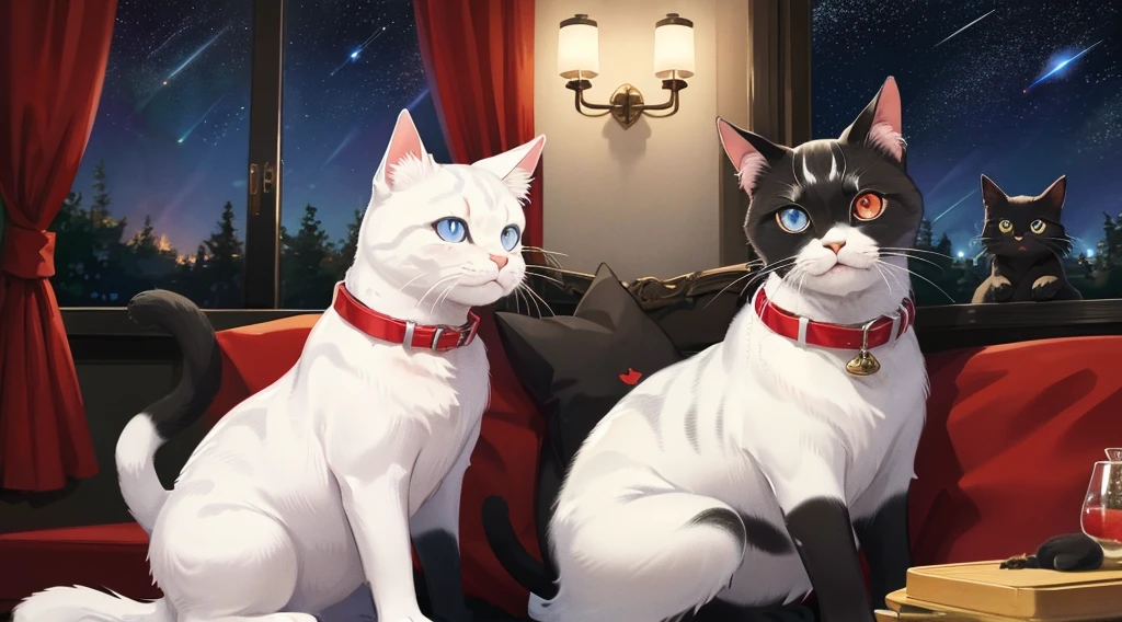 White cat blue eyes next to a black cat with red eyes couple at night stars illustration