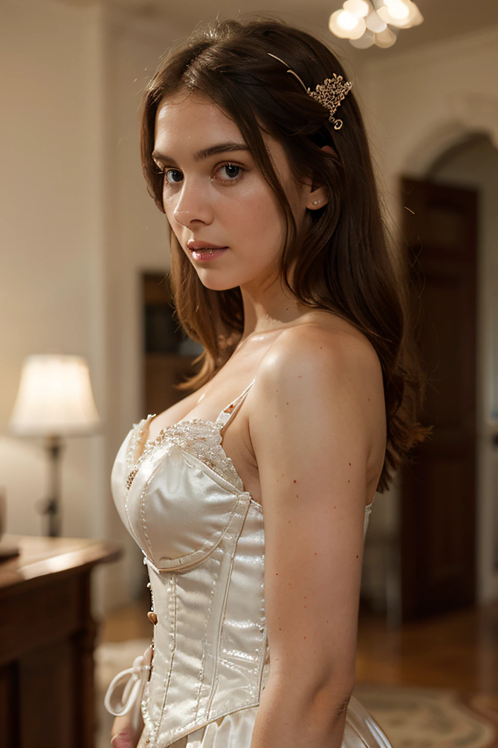 European girl with brown hair, blue eyes, long hair, beautiful face, pale face, beautifully styled hair, thin lips, rosy cheeks, standing against the backdrop of a high-end interior, blurred bokeh effect, lights blurred in the background, lace dress with corset, lace corset with beads, transparent puffed sleeves, full height, head turned to the side, head in profile, body turned straight, head looking to the side