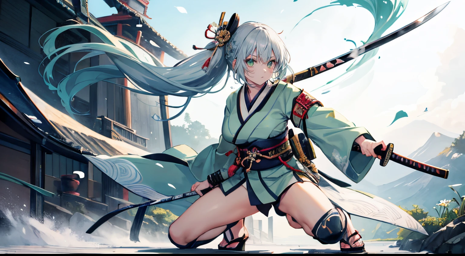 Highly detailed　A Japanese style　a beauty girl　silber hair　samurais　light green kimono　Japanese Katana Sword　Blue hair fastening　Green eyes　huge tit　tabi　sandals　Sword