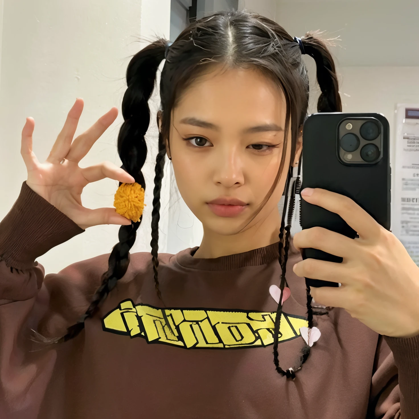 mulher arafida com cabelo comprido segurando um celular, penteado pigtails, jennie blackpink, jossi do blackpink, dois penteados pigtails, com rabo-de-porco preto, penteado twintails, ela tem dois rabos de cavalo, Parque Roseanne do Blackpink, Retrato de Jossi de Blackpink, E - , e-meninaune Kim, Kiko Mizuhara