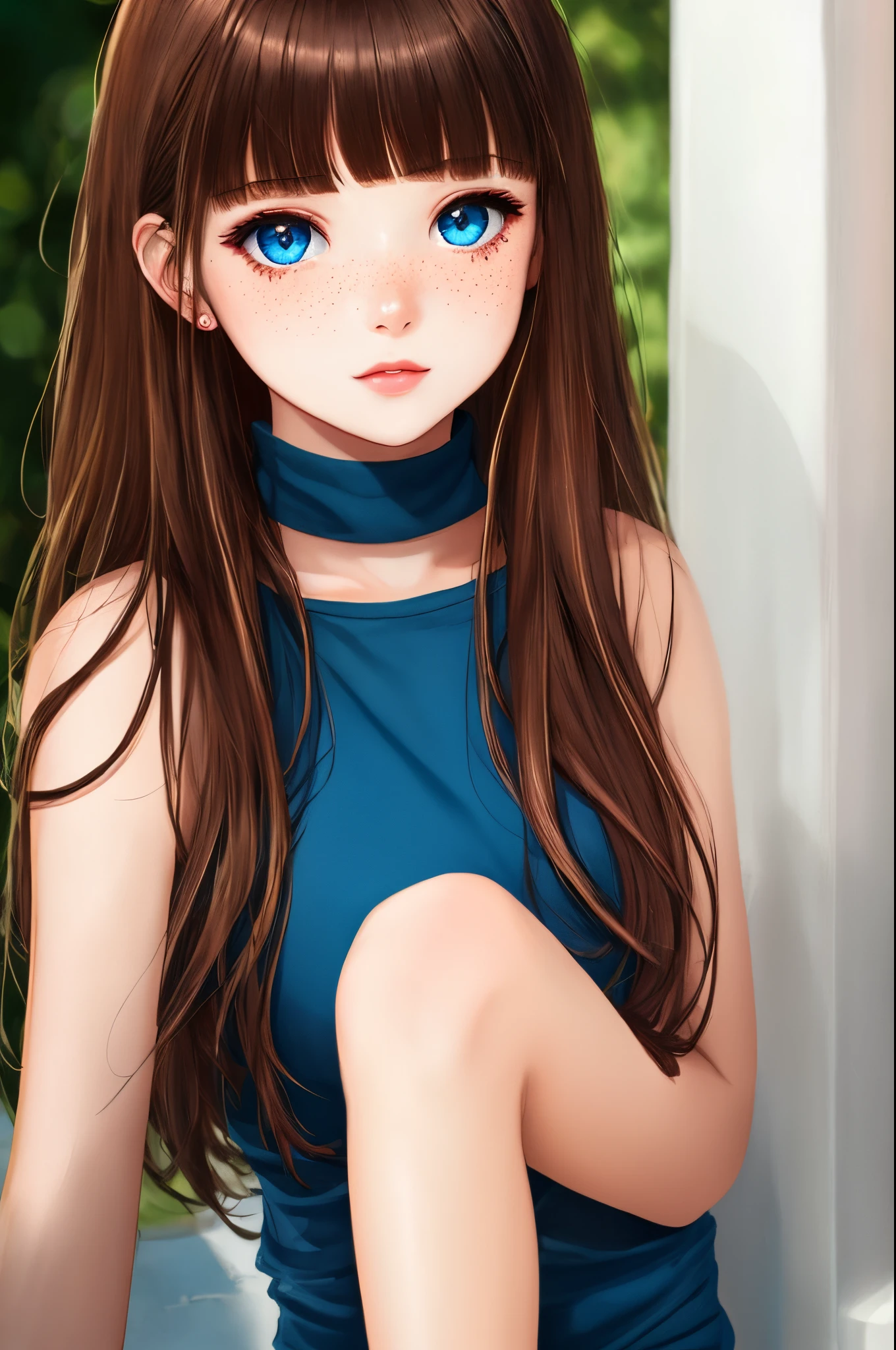 pale white skin girl fortnight character dark brown hair with bangs freckles blue eyes