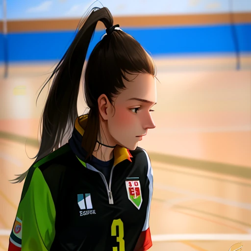 there is a woman with a ponytail on a volleyball court, mina petrovic, sanja stikovic, simona sbaffi is the captain, malika favre, estefania villegas burgos, alina ivanchenko, laura sava, valentina remenar, wearing a volleyball jersey, lya pilnev, marta syrko, anna nikonova