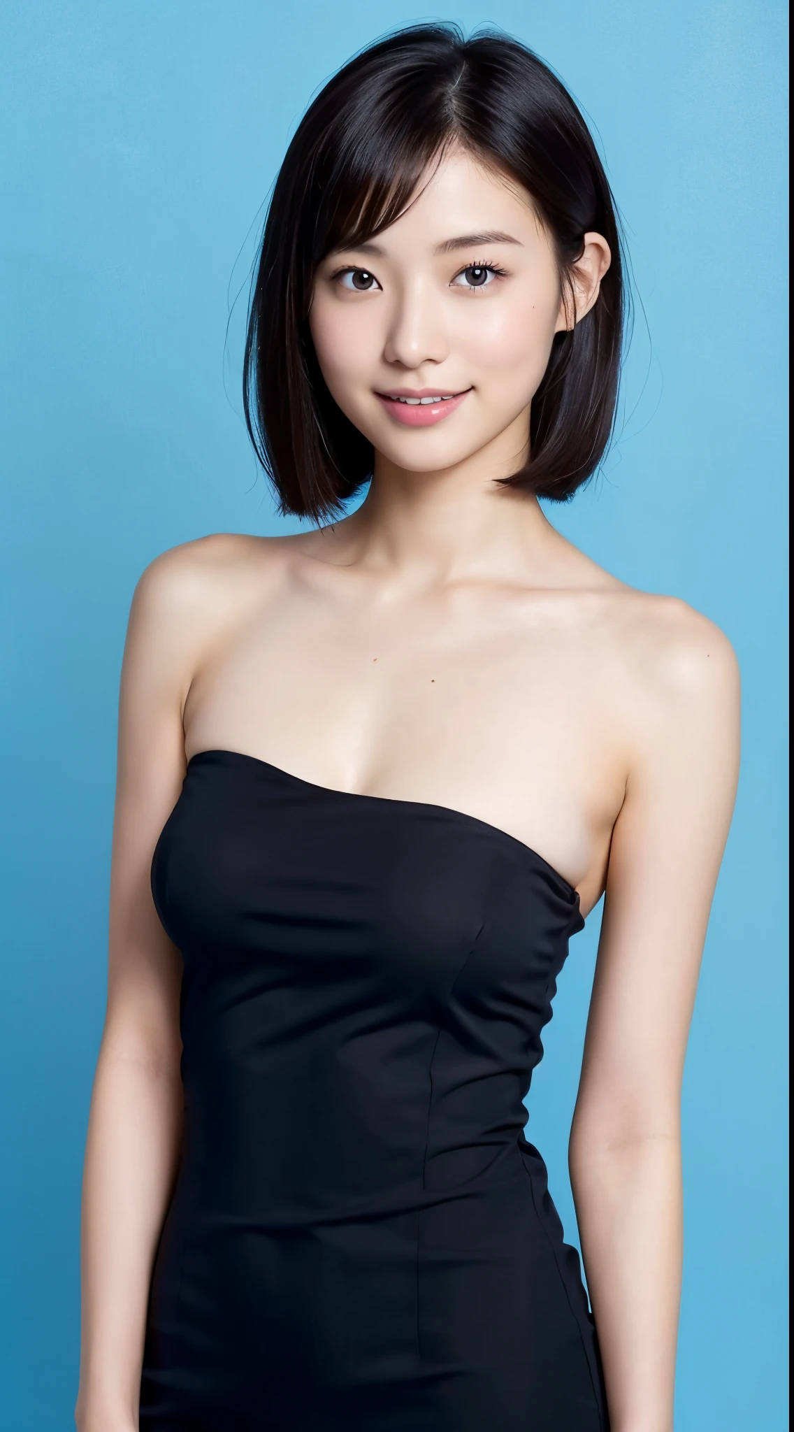 Woman in Arafe in black dress, Gorgeous young Japan woman, beautiful japanese female, sexy dress, Beautiful young Japan woman,, Black Dress, Female Fashion Model, Wearing a black dress, Beautiful Asian Girl, wearing black dress, Tight Dress, Smooth skin, hot petite、Short hairstyle、Soio、((((Upper body photo)))),Large breasts、20yr old、Light blue background、Natural Color Lip,Smile、Stand up straight、((((Photo from the front)))