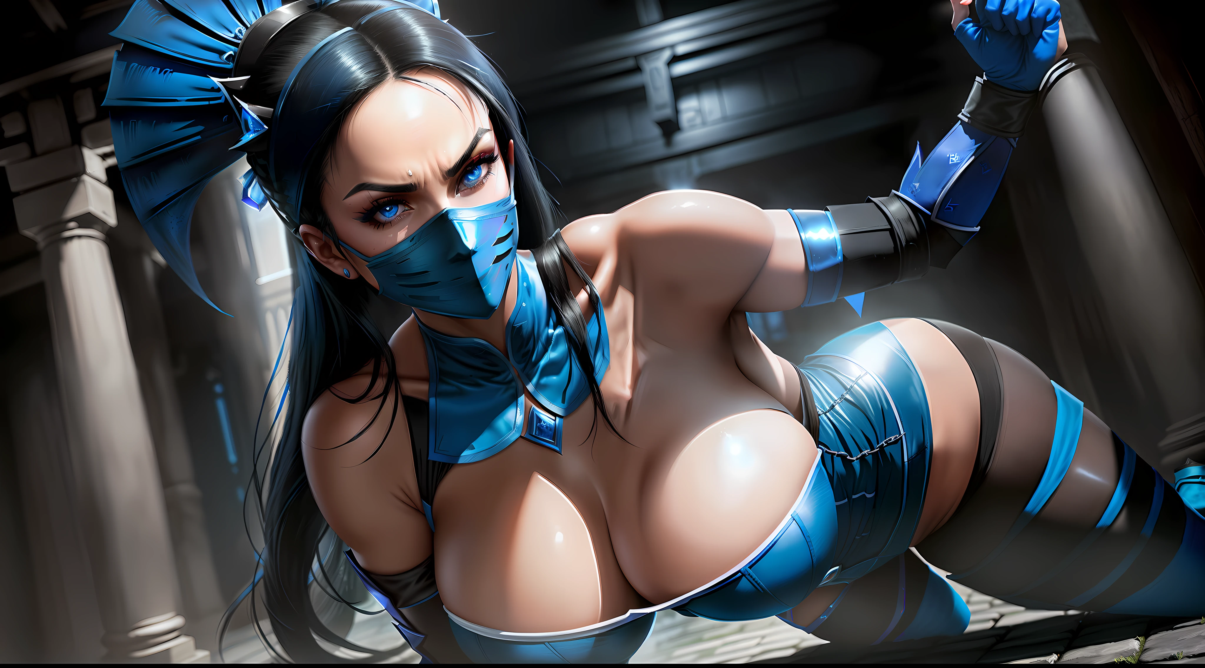 ((kitana from mortal kombat series))(she has big glowing blue eyes)(red lips) (long straight black hair)((very huge breasts)) (perfect slim body) (she wears blue outfit and mask, long blue gloves long blue stockings) (hold on hand 2 metal fan) (she is inside a dark and goomy temple) (high definition, volumetric lights and dinamic shadows)((masterpiece))(8k)(perfect face)(ultra details) (perfect hands, eyes, and face)