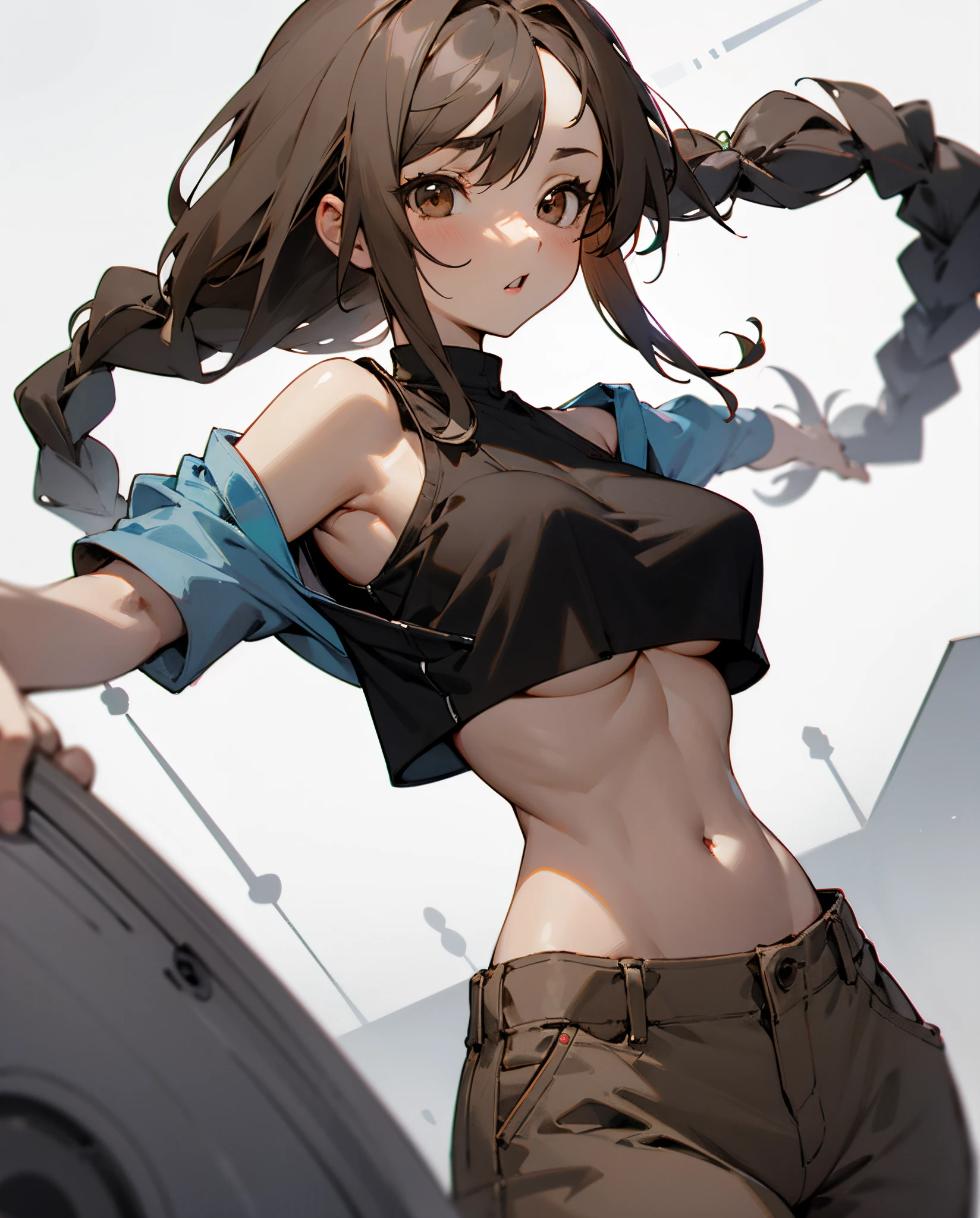 Boondocks girl character, girl, skinny/mid, knotless braids, brown eyes, grey sweats, black crop top, big boobs