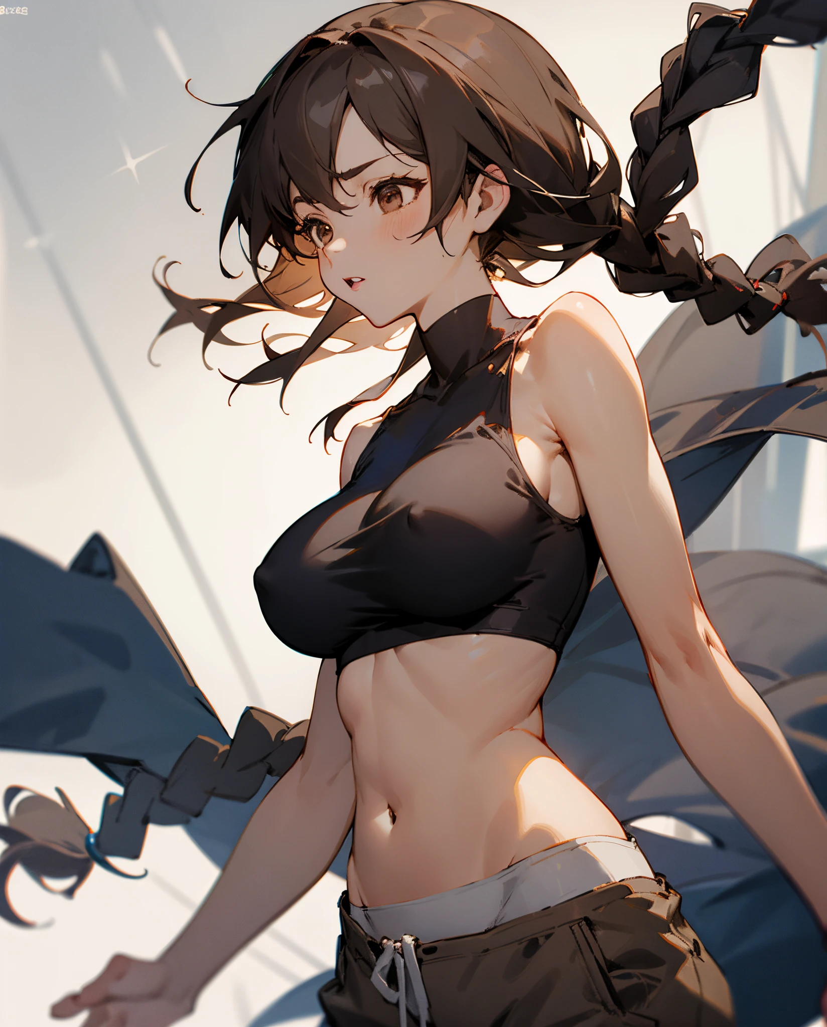 Boondocks girl character, girl, skinny/mid, knotless braids, brown eyes, grey sweats, black crop top, big boobs