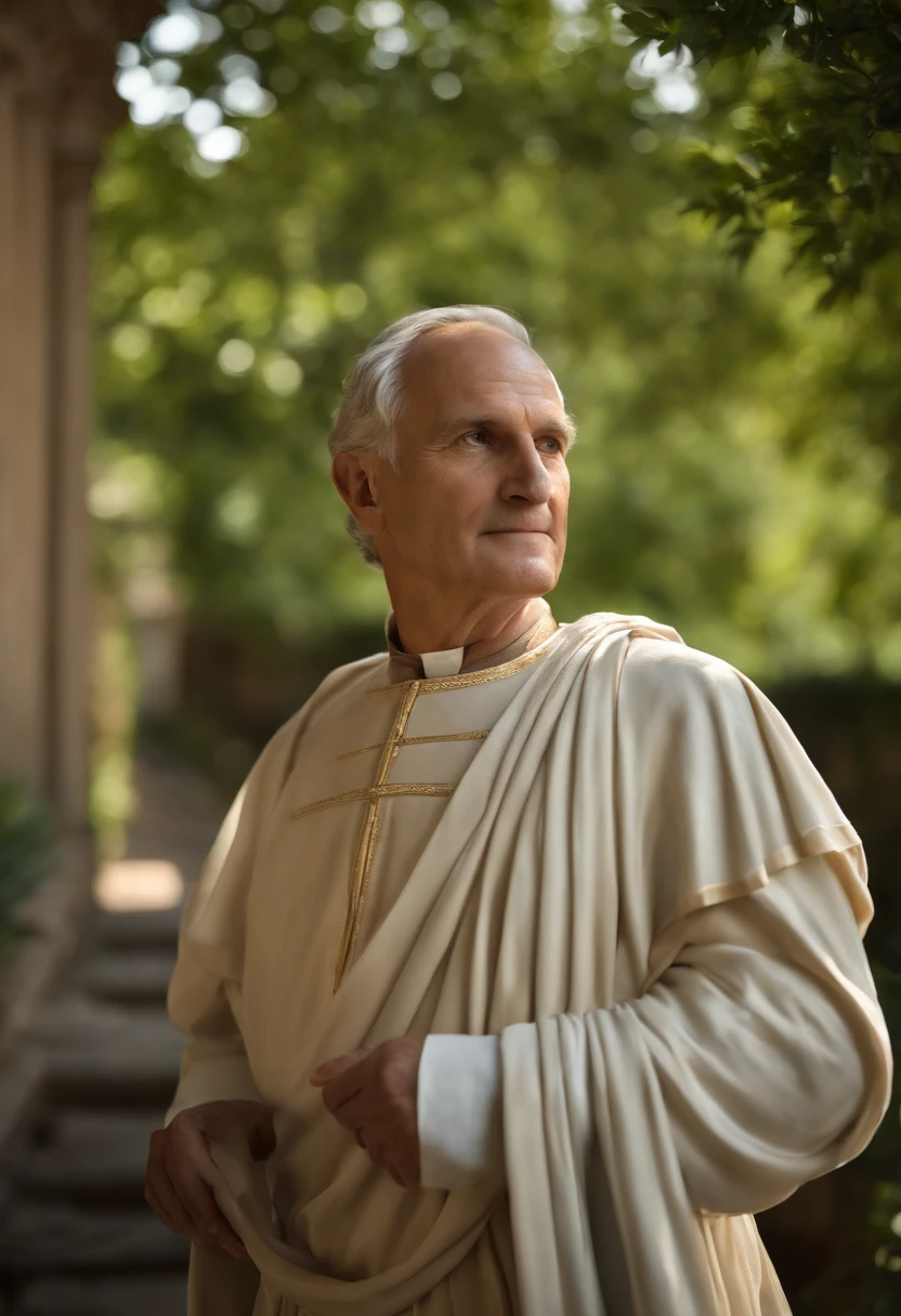 An image of Marcus Tullius Cicero enjoying a leisurely morning walk through the enchanting gardens of Villa Lante, surrounded by the beauty of nature.,original,Marcus Tullius Cicero has a slender and tall build with a prominent forehead and high hairline. He has a long, thin face, a straight nose and a sharp chin. He has expressive and animated facial expressions. Meticulous in his appearance. Often wears a Roman Toga. He pays attention to his hair and beard.