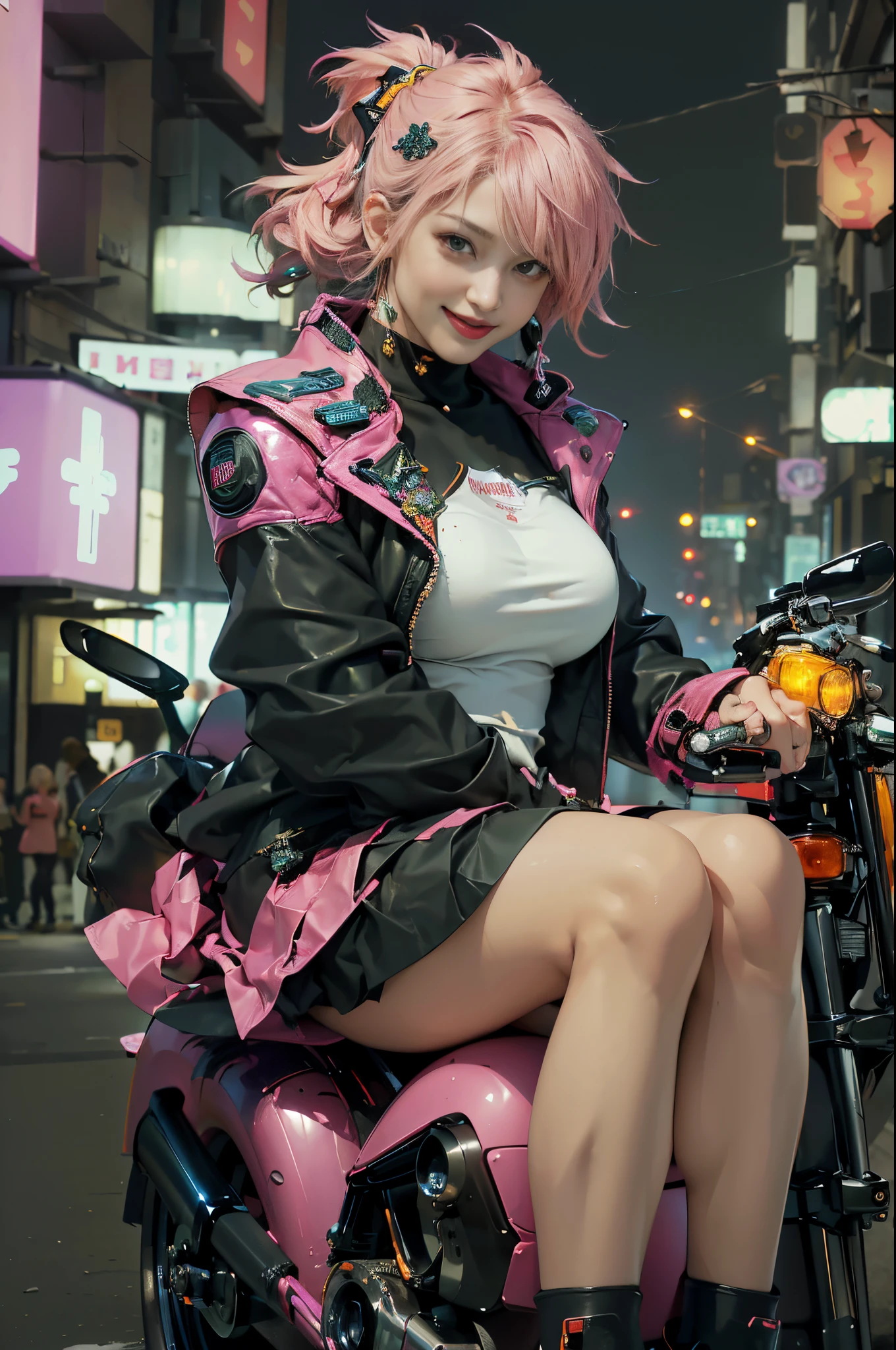 （(Multiple award-winning works, With incredible details, textures and maximum detail，(フォトリアリスティック))）, ((Use a bright color scheme，Photos depicting the streets of Harajuku，one-girl，dressed in：Harajuku-style fashionable clothing，(confident smile)， ((Get on the motorcycle)), ((Get on a motorcycle))，(((harley davidson motorbike)))，(((the right motorcycle：1.7)))，(((Correct ratio of people to vehicles：1.6)))，Bold colors and patterns, eye-catching accessories, Stylish and innovative hairstyle))，，（( girl，((sexy women：1.6))，(Cute big breasts)，))， (Full-body image：1.2)， (best quality real texture skin), ((five perfect and beautiful fingers)), (Anatomically correct limbs and physique:1.5), (Anatomically correct perspective and occlusion：1.5)，(Gender characteristics are very obvious：1.5)，(Exquisite, round and symmetrical eyes), (correct faces), ((A detailed的the face：1.6)), ((Background with：bedazzled，cyberpunk city landscape, skyscrapper, (neonlight), (LED lights)，))， (Complicated details:1.1), the complex background))， ((Bright and vivid color scheme：1.7))，((dynamic viewing angle+dynamic combination))， city night，((bad way))，