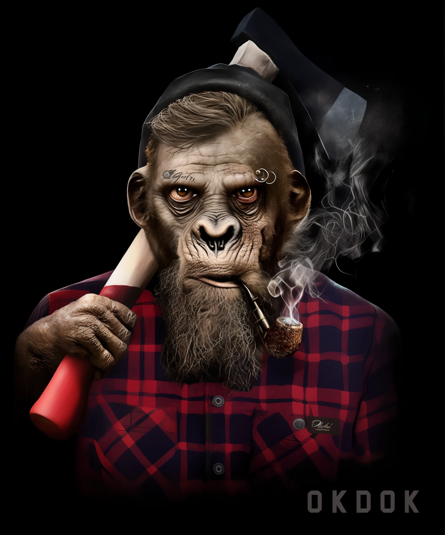 arafed monkey with pipe and hat on head, lenhador, 3 d ape shaman profile portrait, Directed by: Alex Petruk APe, inspirado em Alex Petruk APe, em estilo de macacos primais, Directed by: Darek Zabrocki, creative photo manipulation, Directed by: Derek Zabrocki, photo manipulation, inspirado em Igor Morski