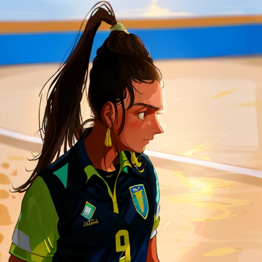 there is a woman with a ponytail on a volleyball court, mina petrovic, sanja stikovic, simona sbaffi is the captain, malika favre, estefania villegas burgos, alina ivanchenko, laura sava, valentina remenar, wearing a volleyball jersey, lya pilnev, marta syrko, anna nikonova