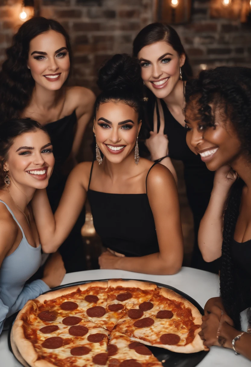 A photo of Madison and her team celebrating a successful late-night brainstorming session with pizza and energy drinks.,original,Madison Kane is a tall woman with jet black hair in a ponytail, and piercing blue eyes. Her skin is a fairer tone, and flawless.
