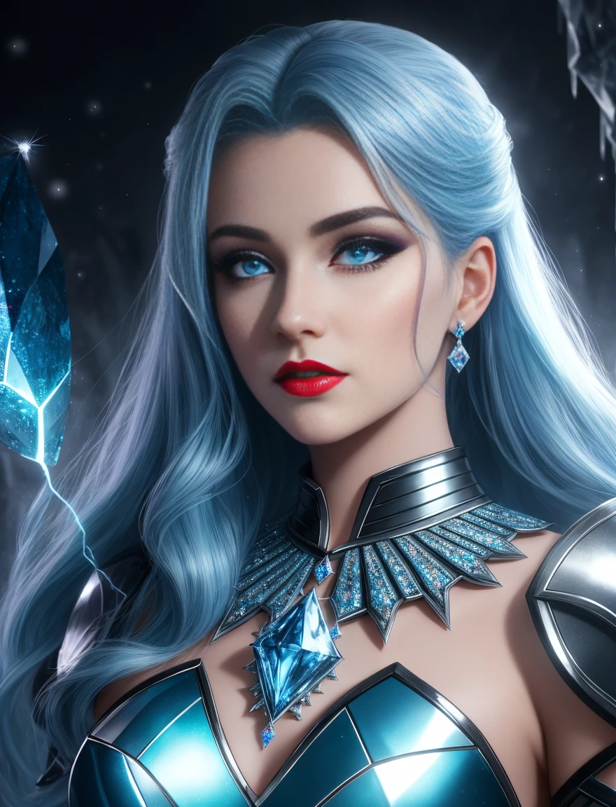 8K,Best quality,tmasterpiece,one-girl,(Marvel Gothic Prince of Diamonds:1.3),Step out of the precious crystal world,Perfect and Beautiful Face,Smooth skin,the ultra-detailed,Ice storms,spark of light,Splashing metal shavings,fantasy concept art,Redlip,blue colored eyes,