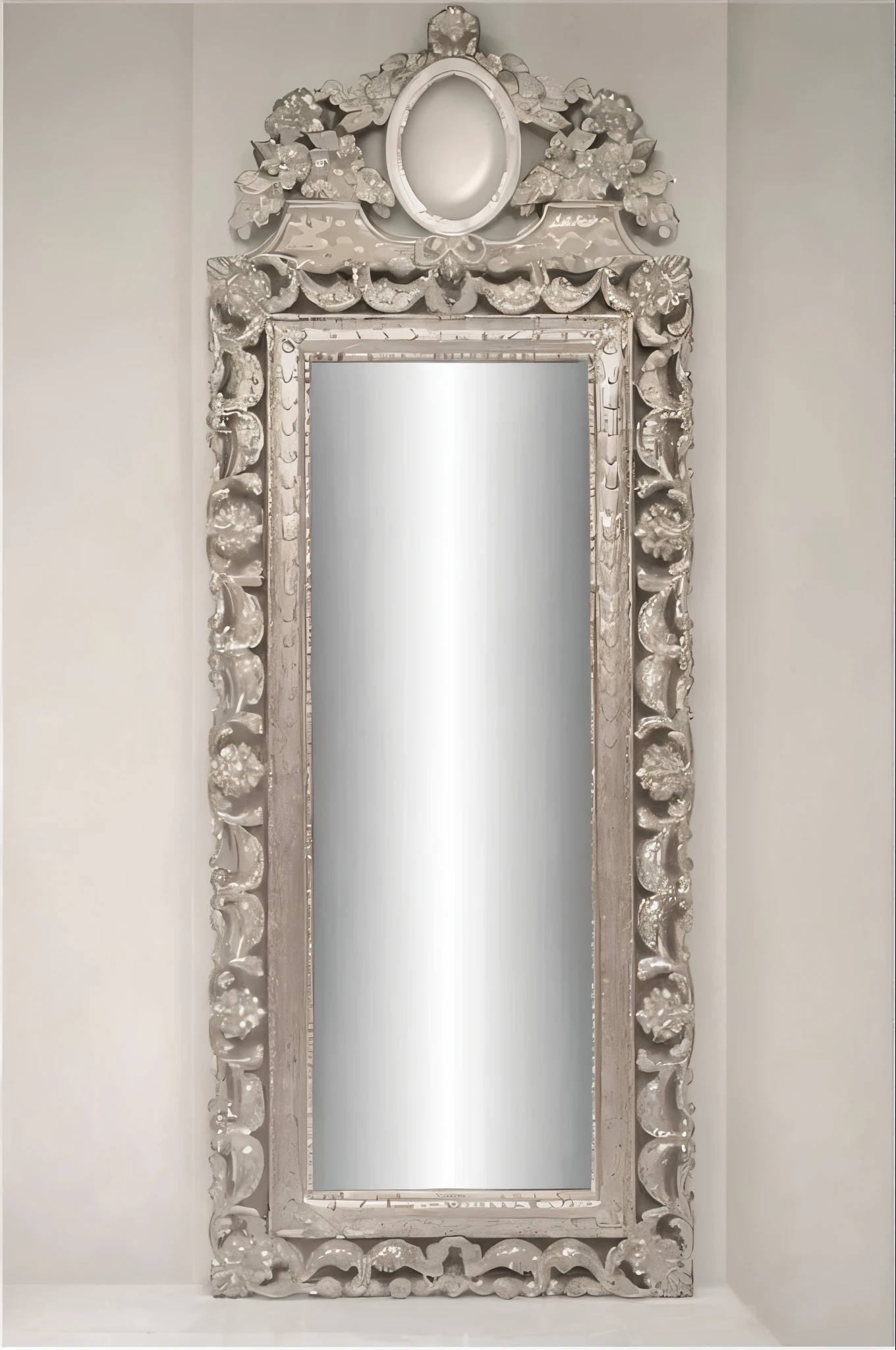 there is a mirror that is on a wall in a room, mirror texture, mirror background, mirror and glass surfaces, mirrors, vintage - w 1 0 2 4, big mirrors, with a mirror, with many mirrors, silver,ivory, mirror, hall of mirrors, mirror hallways, full lenght view. white plastic