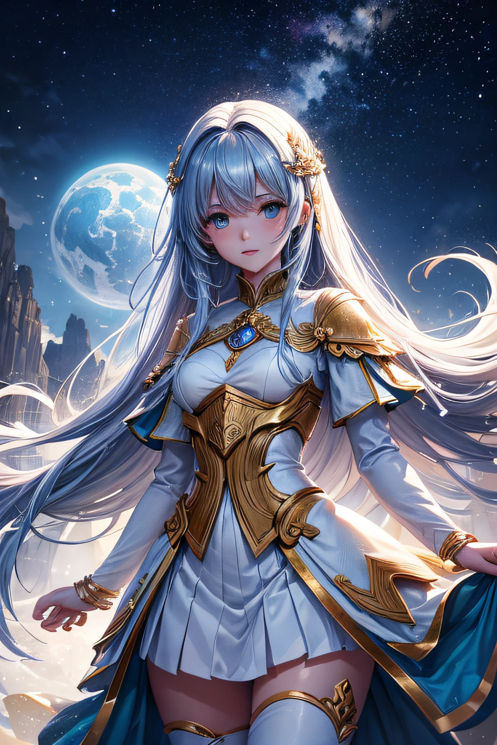 "Create a high-quality image using artificial intelligence, with advanced levels of detail and a cinematic style. The main character is a beautiful woman drawn, adornado em traje celestial e segurando um cajado estelar, parado em um deslumbrante campo de flores. Explore a graciosidade do personagem, destaque detalhes intrincados das roupas celestiais e do cajado estelar. Use cinematic elements to create a captivating and magical atmosphere, emphasizing the connection between the character and the celestial environment around her."
