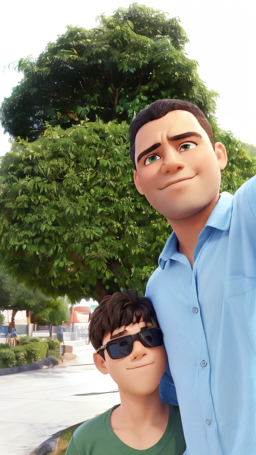 (master part, best quality, high resolution: 1.2), um homem de pele parda, camisa azul, is hugging a boy in a green shirt, behind them is a square
