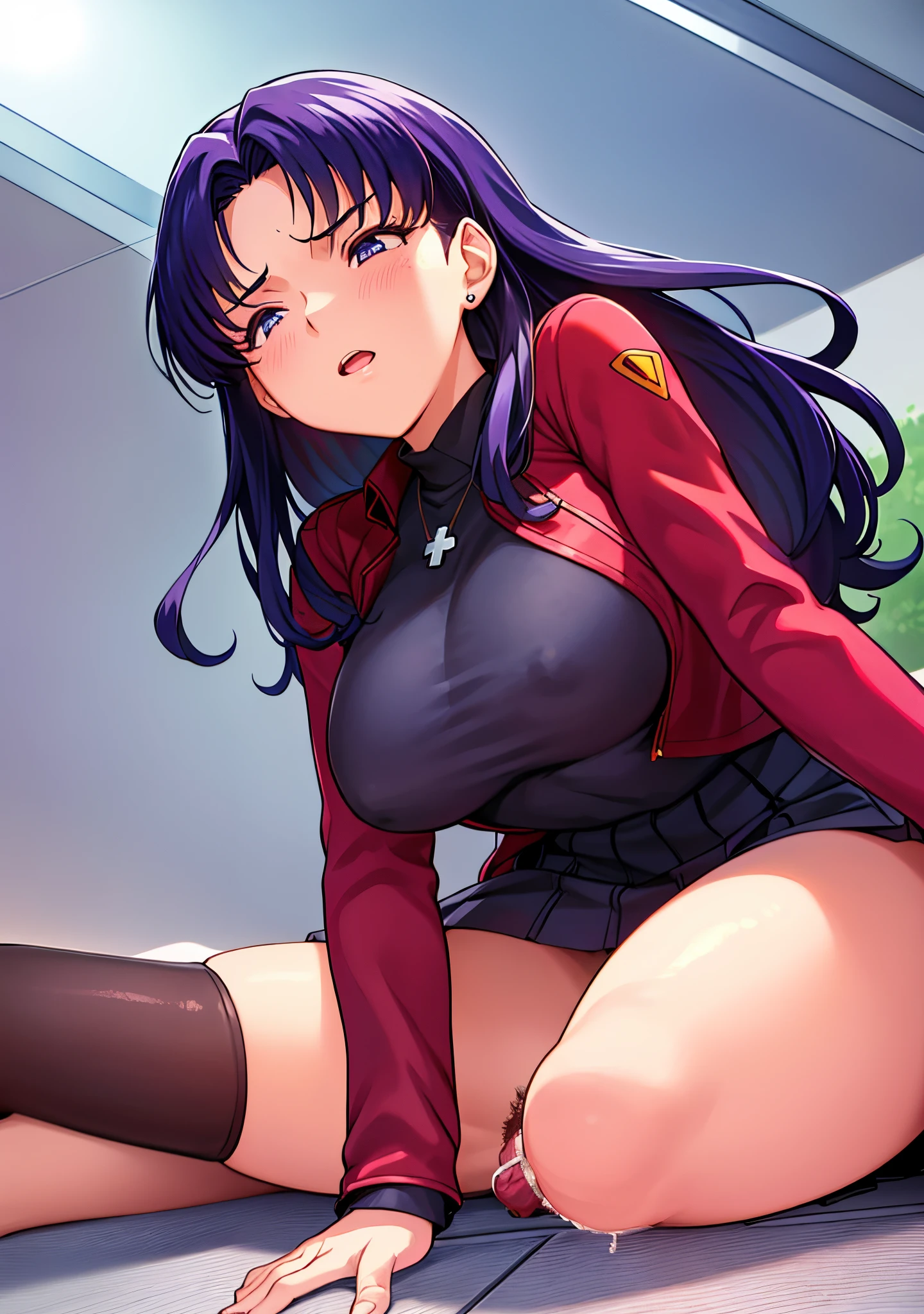masutepiece, Best Quality, in 8K, girl, Solo, Misato Katsuragi, Brown eyes, Indigo hair, huge tit , Cross Necklace, Red jacket, (Photorealsitic:1.4)、top-quality、Luxurious bedroom、masterpiece, super fine illustration, best quality, light particles, ultra-detailed, 8K wallpaper, (bright colors:1.2), solo, (a girl), small breasts, (black long hair), straight hair, shiny hair, shiny skin, delicate linestailed face, (hairband, school uniform, bottomless), nipples, loafer, sox, orgasm face, extremely beautiful blue eyes, shiny eyes, closed eyes, arched back, orgasm face, O-face, blush cheeks, arched back, under boob, (vaginal penis), (a man), hetero, (lying on back), (girl spread legs:1.4), (intense Sex:1.7), (cum out:1.2), nsfw, classroom