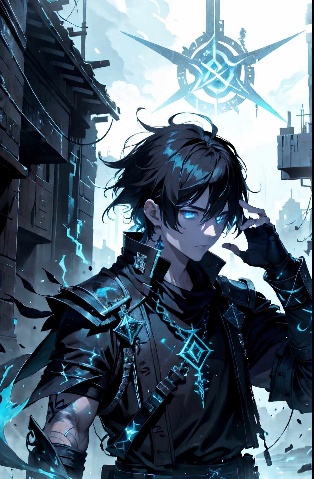(absurdres, highres, ultra detailed), masterpiece, best quality, real light and shadow, solo, a boy with white hair, red sleeveless outfit, handsome, finely eye, detailed face, detailed eye, black scarf, two swords, dual-swords, a swords surround by blue flame, tattoo, from below, look down, ruined city, dark background, swirl, spark, cowboy shot, BREAK, blue eyes, GlowingRunes_paleblue