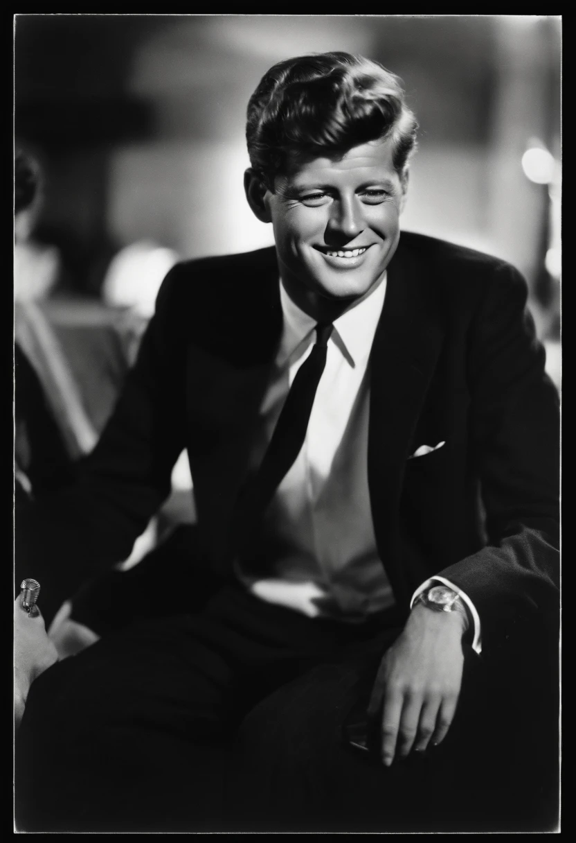 A photo of Kennedy enjoying a night out at a jazz club,original,John F. Kennedy, the 35th President of the United States, was renowned for his handsome, charismatic appearance, with his wavy hair, engaging smile, and a sense of style that exuded confidence and charm. His tailored suits and poised demeanor contributed to a public image of youthful vigor and sophistication.