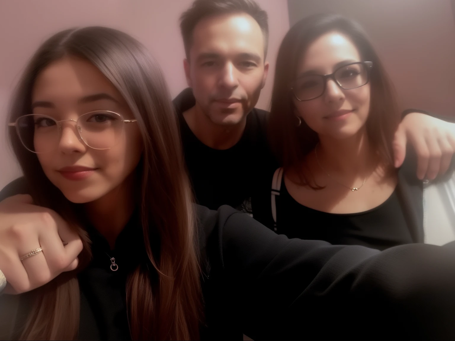 there are three people posing for a picture together in a room, profile image, 8k selfie photograph, profile pic, profile photo, by Bernie D’Andrea, profile picture, selfie photo, snapchat photo, family photo, selfie, goth family, portrait shot 8 k, family portrait, iphone selfie, happy family, facebook post, blurry image