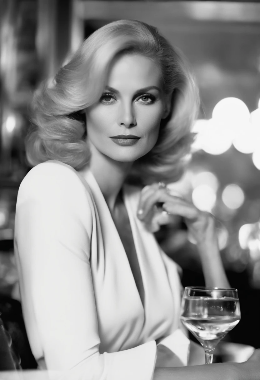 A black and white photo of Catherine sitting alone at a table in a dimly lit speakeasy, a glass of whiskey in her hand.,Basic Instinct,Catherine Tramell, the enigmatic character from “Basic Instinct,” is portrayed with a striking and seductive appearance, characterized by her icy blonde hair, sharp features, and a confident, almost predatory poise. Her wardrobe is sophisticated and alluring, often consisting of sleek, form-fitting dresses that enhance her manipulative charm and commanding presence. Personality-wise, Catherine is intelligent, articulate,
